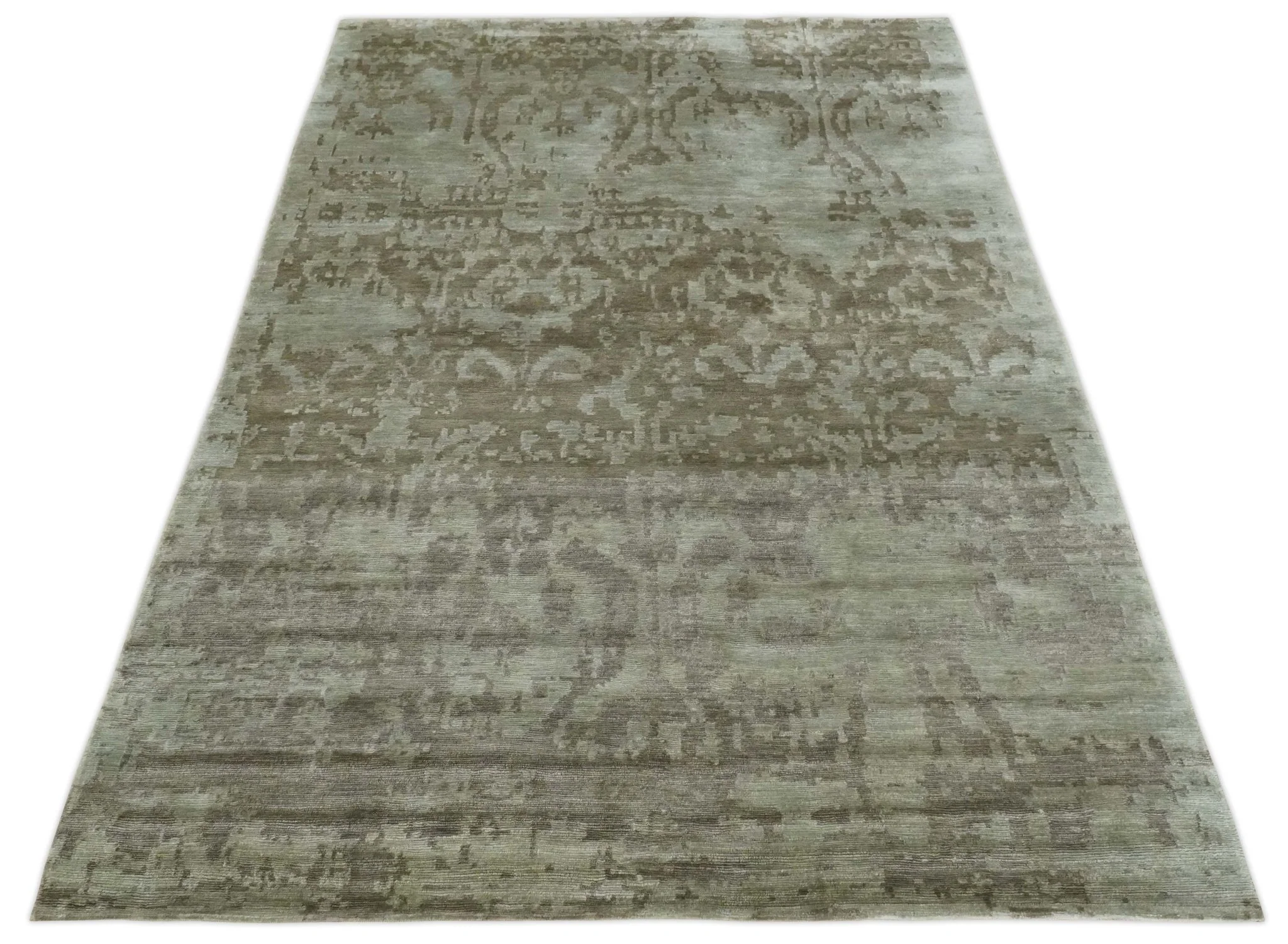 Soft and Cozy Modern Abstract Olive and Silver Hand knotted Bamboo Silk Area Rug - Image 10