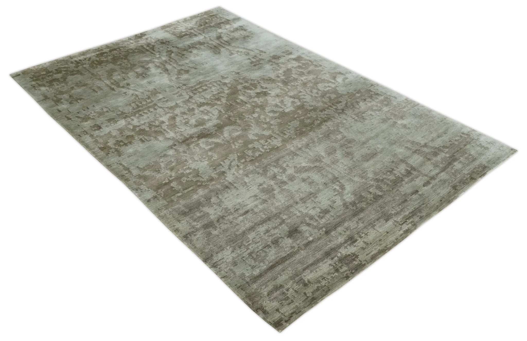 Soft and Cozy Modern Abstract Olive and Silver Hand knotted Bamboo Silk Area Rug - Image 9