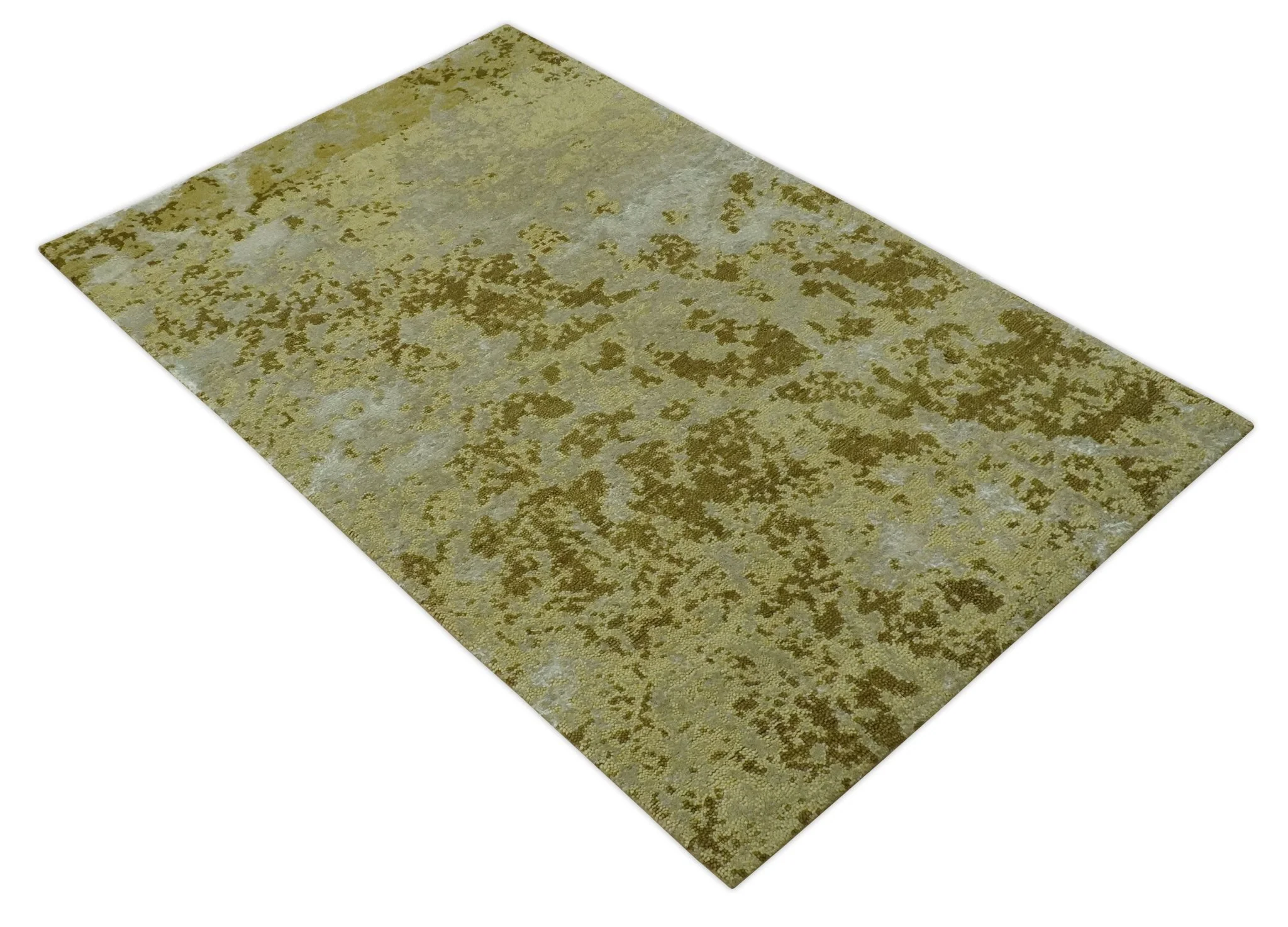 Modern Abstract Shades of Olive and Silver 5x8 Hand knotted wool and art silk area rug - Image 3