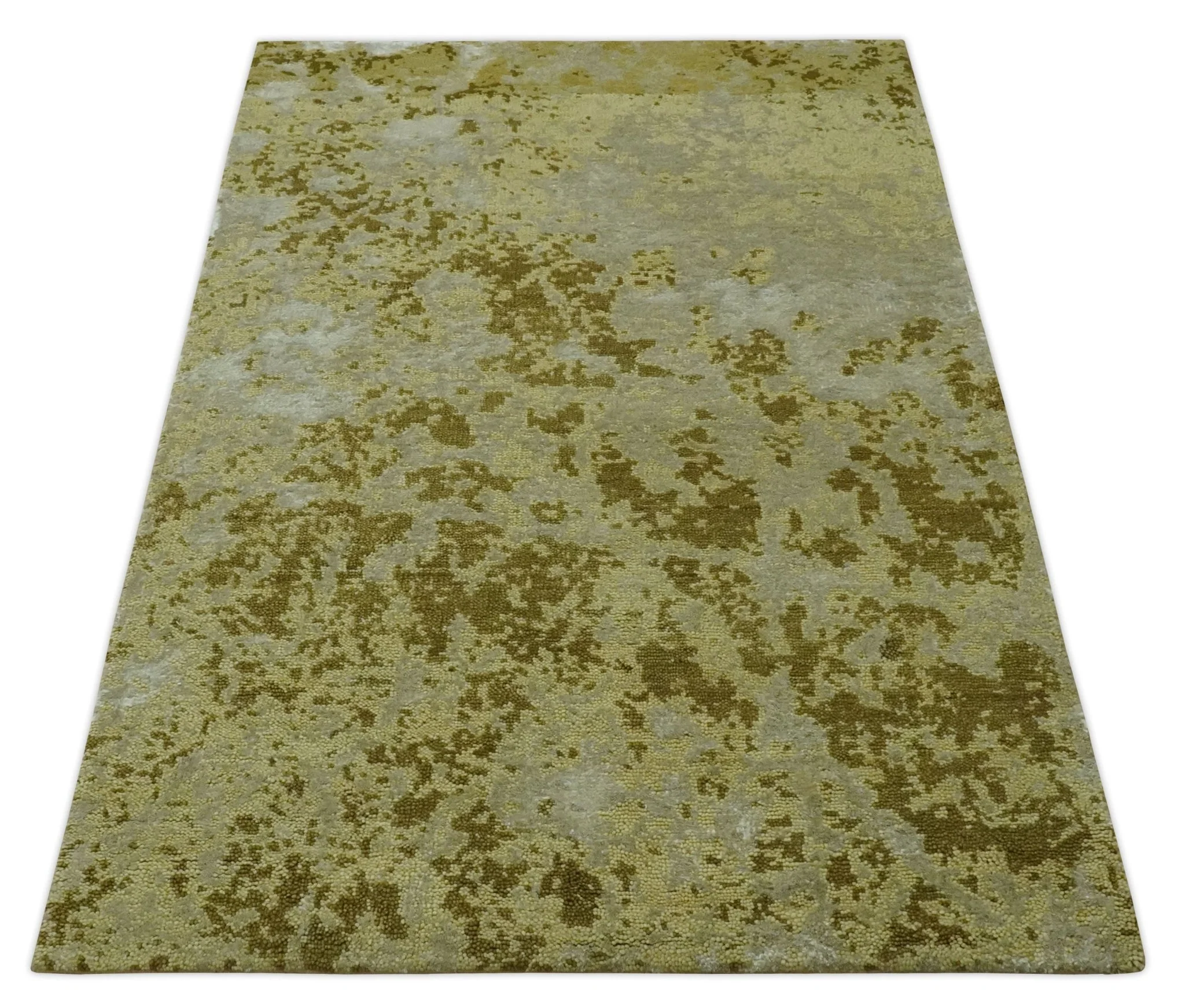Modern Abstract Shades of Olive and Silver 5x8 Hand knotted wool and art silk area rug - Image 8
