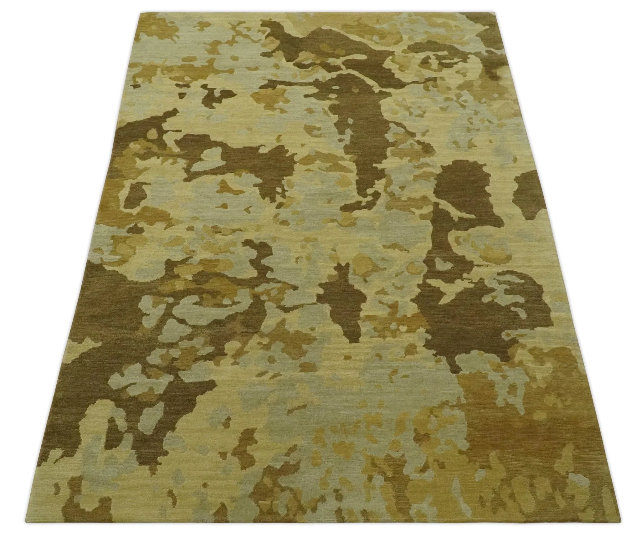 Modern Abstract Olive, Beige and Brown Hand knotted 5x6.6 wool Area Rug - Image 10