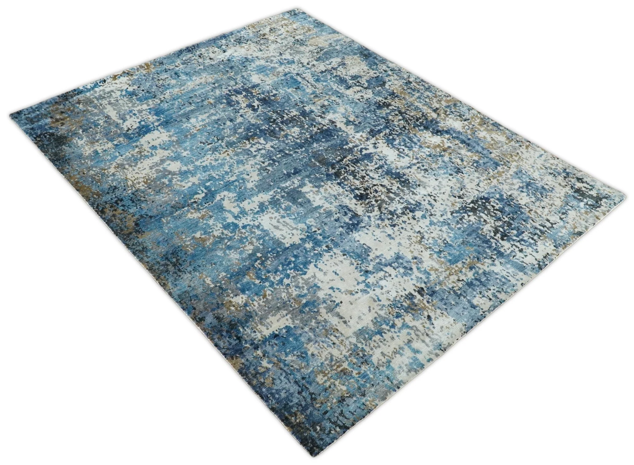 Handmade 8x10 Blue and Ivory Modern Abstract Bamboo Silk Area Rug  I TRDS1810 - Image 10