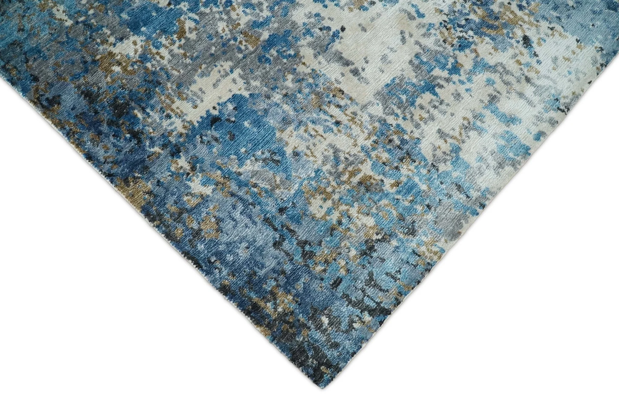 Handmade 8x10 Blue and Ivory Modern Abstract Bamboo Silk Area Rug  I TRDS1810 - Image 4