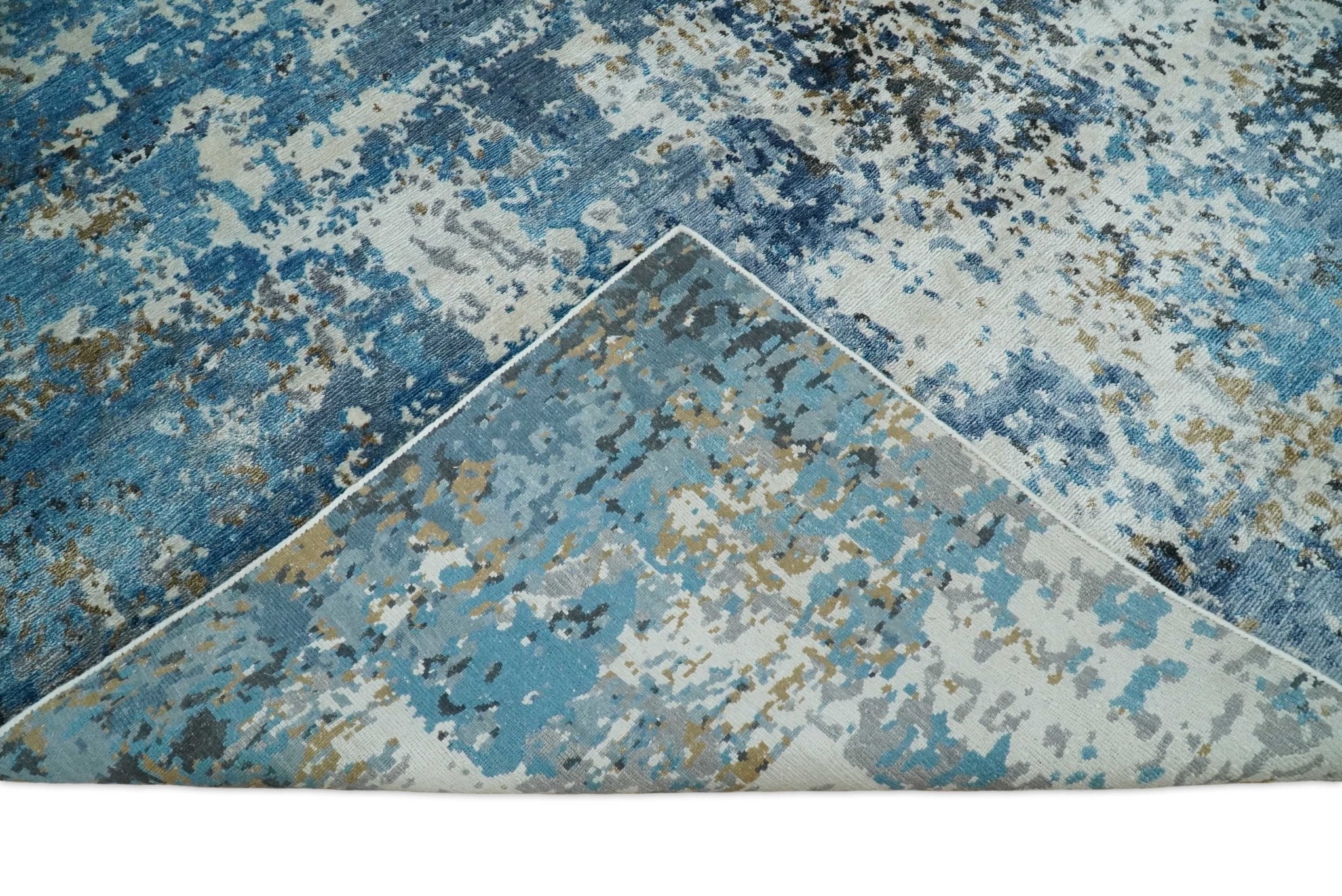 Handmade 8x10 Blue and Ivory Modern Abstract Bamboo Silk Area Rug  I TRDS1810 - Image 7