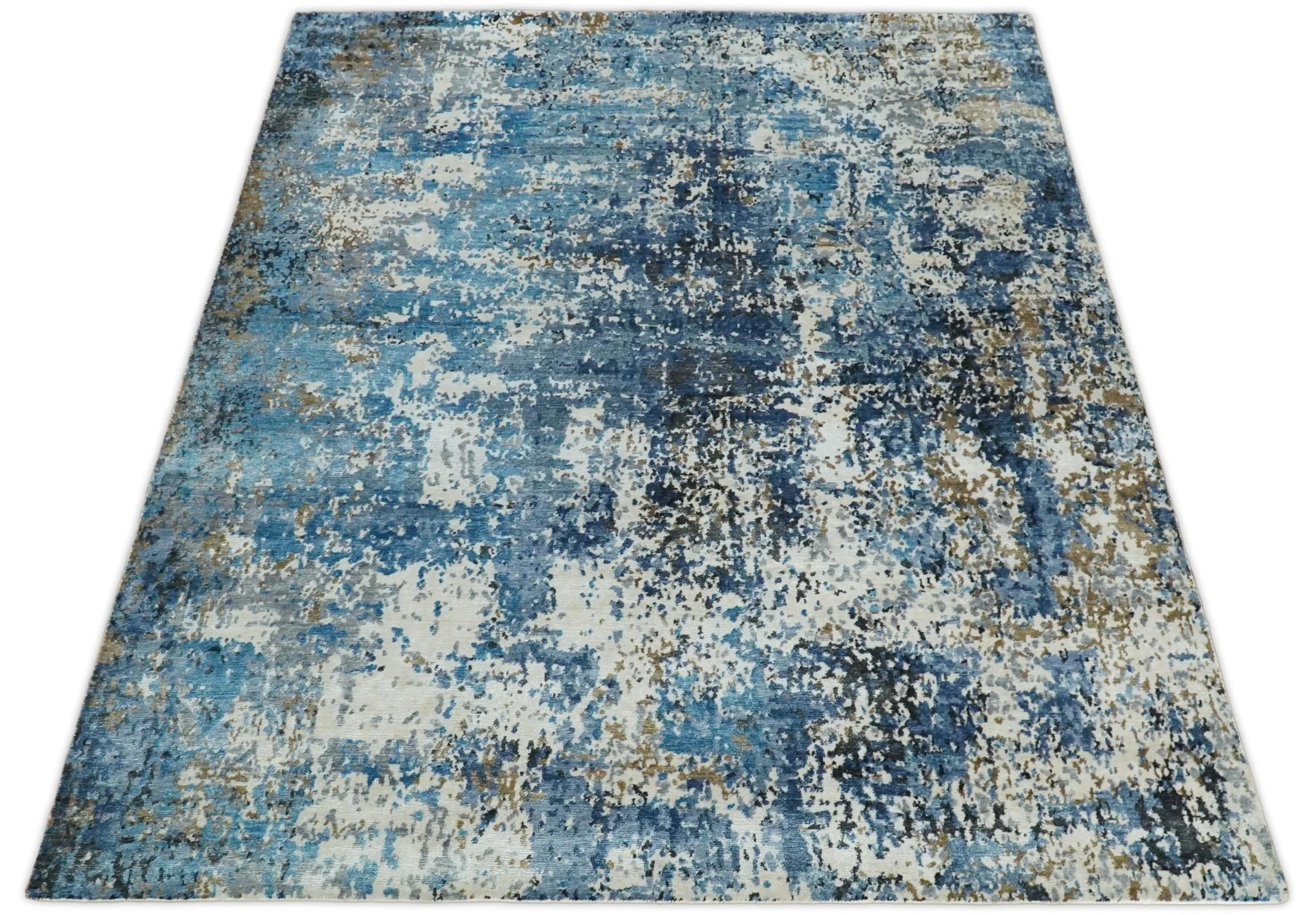 Handmade 8x10 Blue and Ivory Modern Abstract Bamboo Silk Area Rug  I TRDS1810 - Image 9