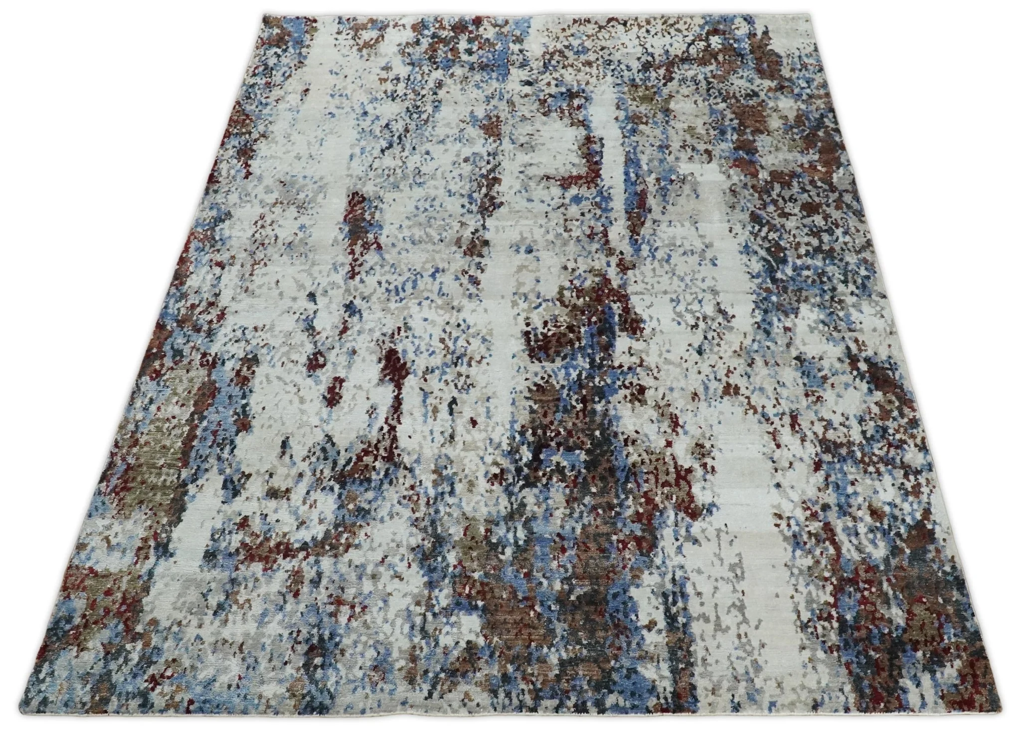 Handmade 8x10 Ivory, Blue and Red Abstract bamboo Silk Area Rug | TRDS2810 - Image 3