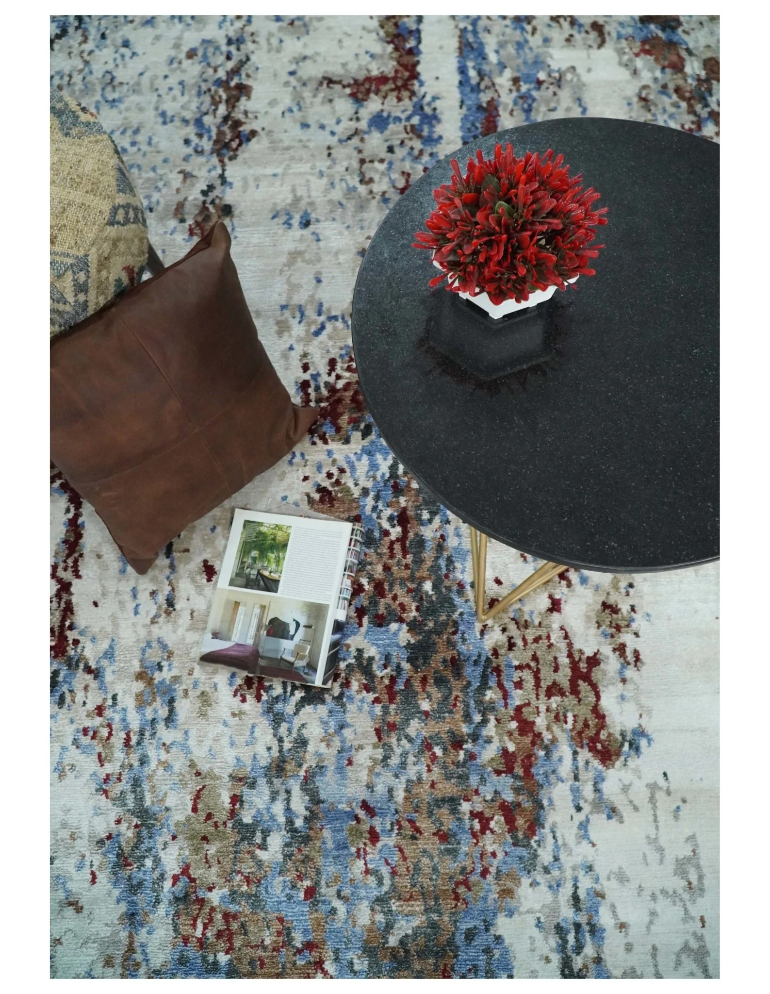 Handmade 8x10 Ivory, Blue and Red Abstract bamboo Silk Area Rug | TRDS2810 - Image 5