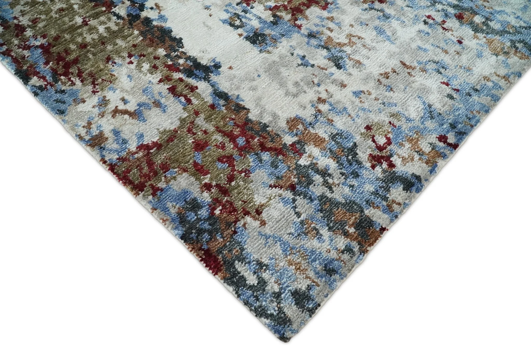 Handmade 8x10 Ivory, Blue and Red Abstract bamboo Silk Area Rug | TRDS2810 - Image 6