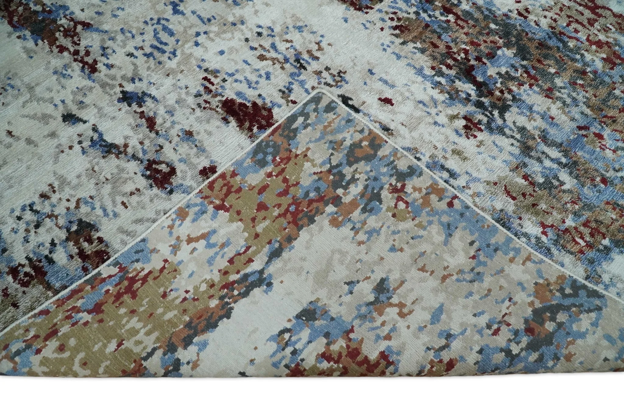 Handmade 8x10 Ivory, Blue and Red Abstract bamboo Silk Area Rug | TRDS2810 - Image 8