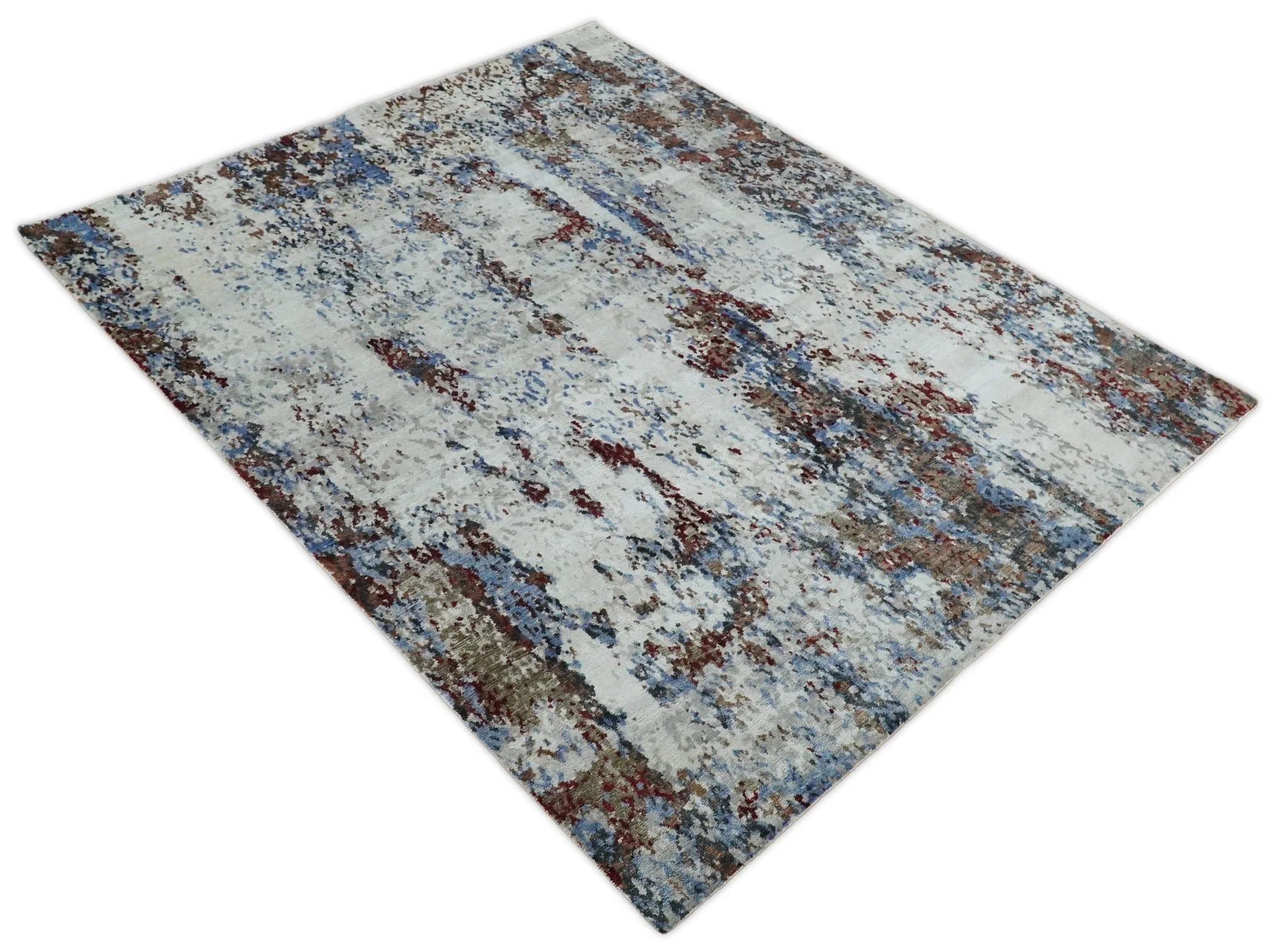Handmade 8x10 Ivory, Blue and Red Abstract bamboo Silk Area Rug | TRDS2810 - Image 9