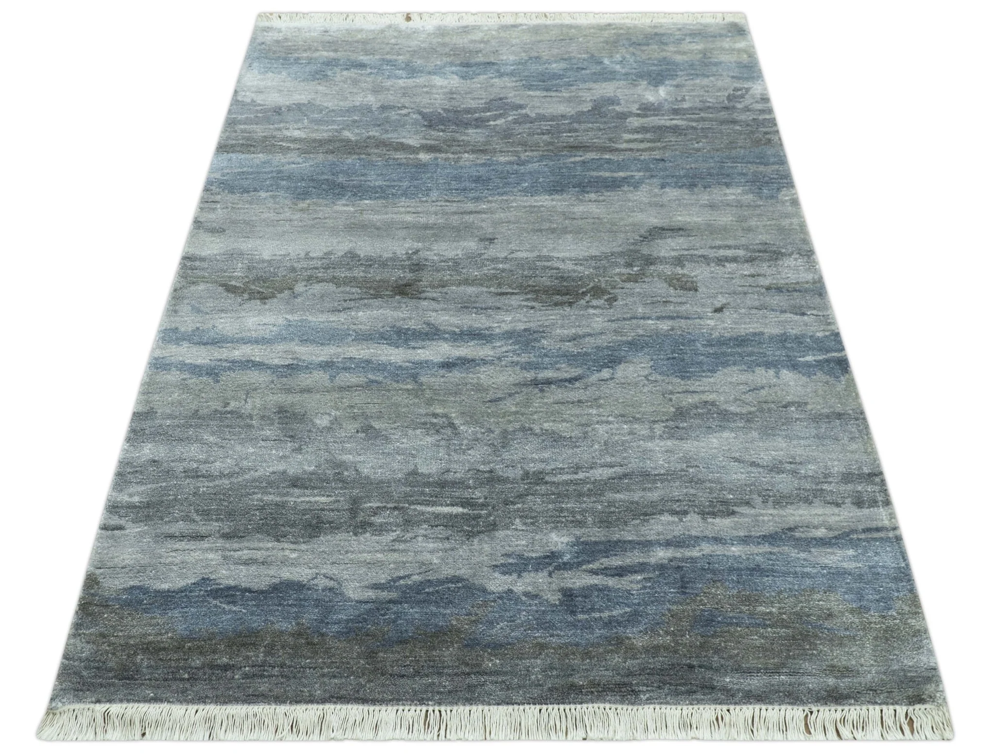 Modern Abstract Pattern Blue And Silver Hand Knotted 4x6 Bamboo Silk Area Rug - Image 10
