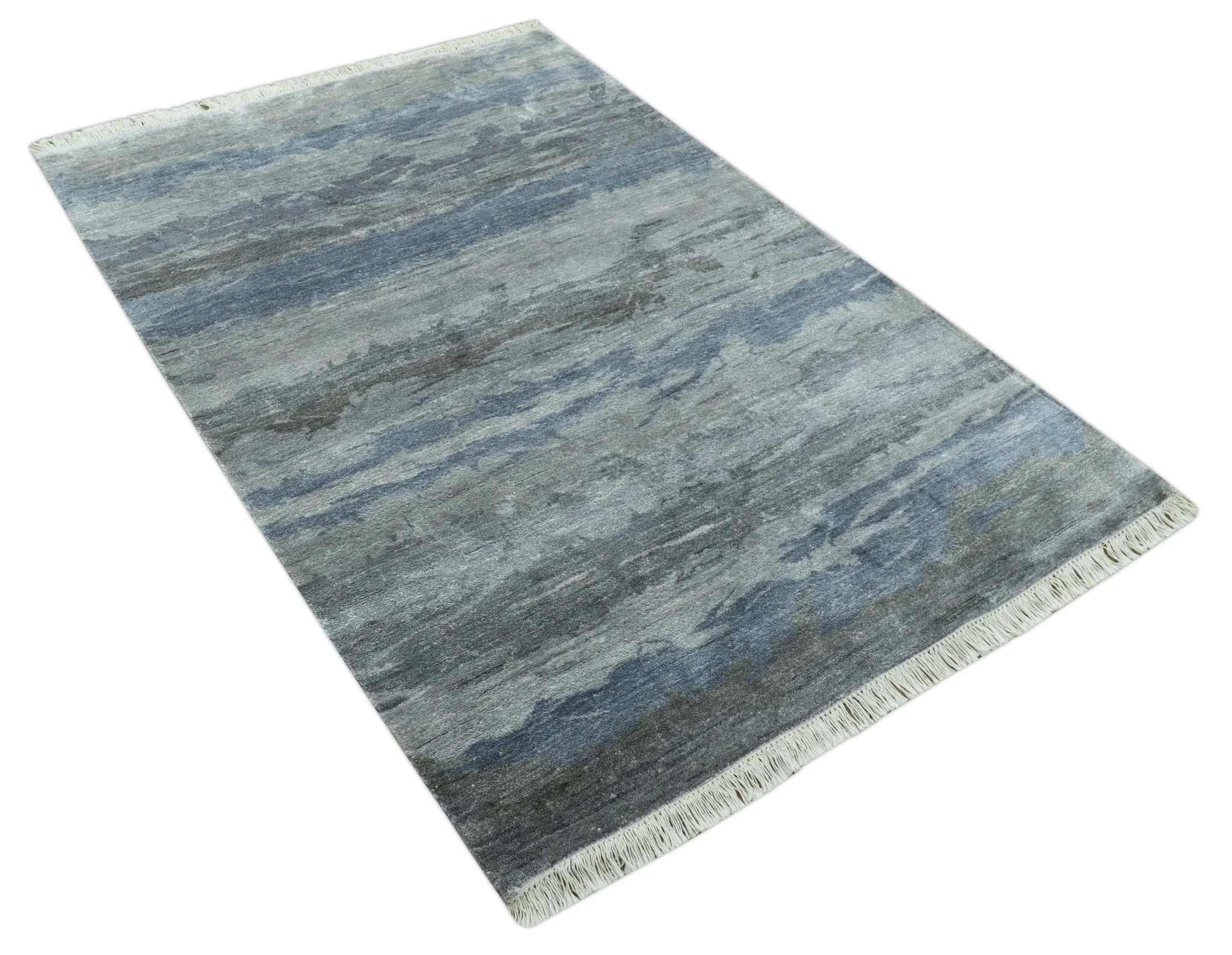 Modern Abstract Pattern Blue And Silver Hand Knotted 4x6 Bamboo Silk Area Rug - Image 11