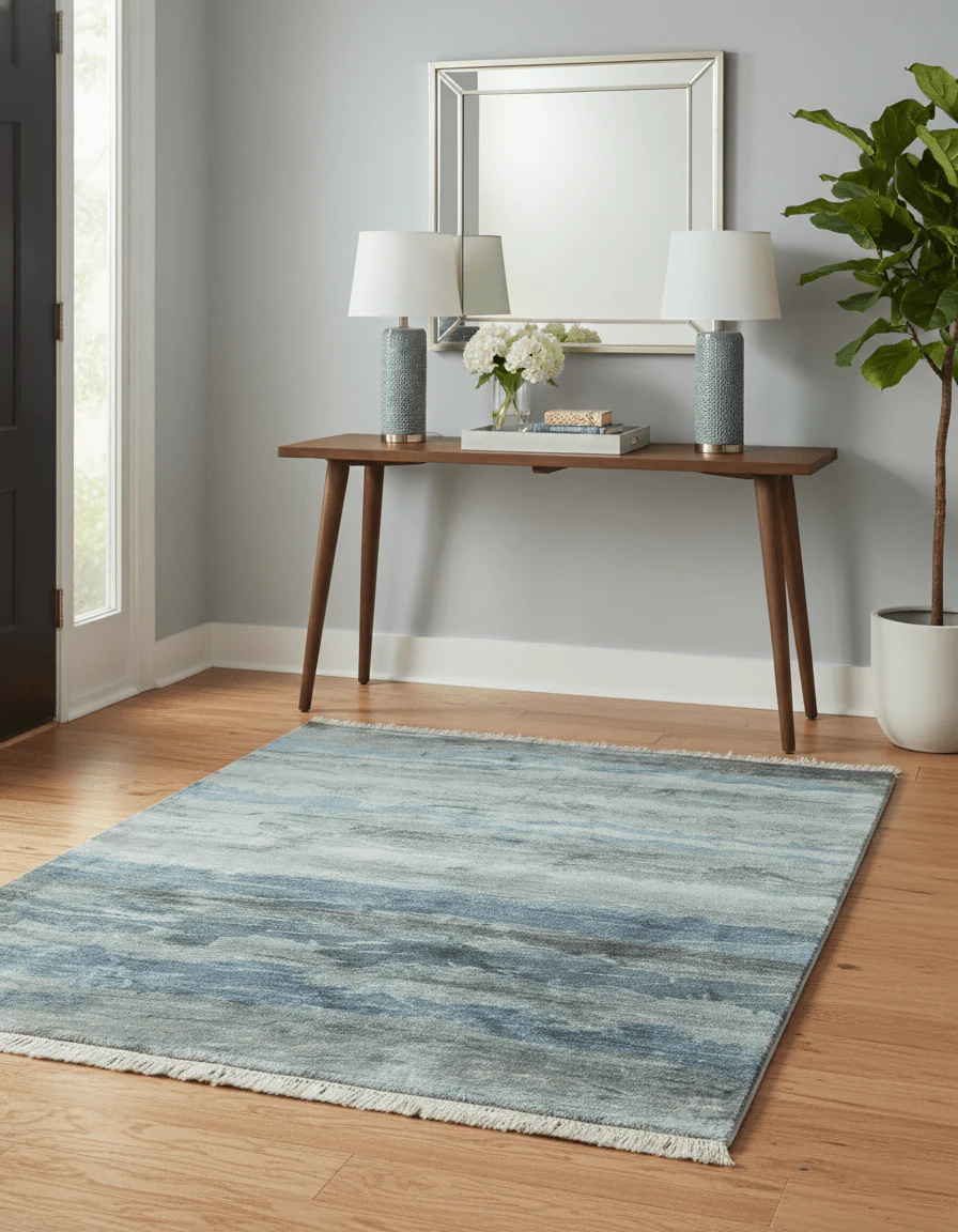 Modern Abstract Pattern Blue And Silver Hand Knotted 4x6 Bamboo Silk Area Rug - Image 2