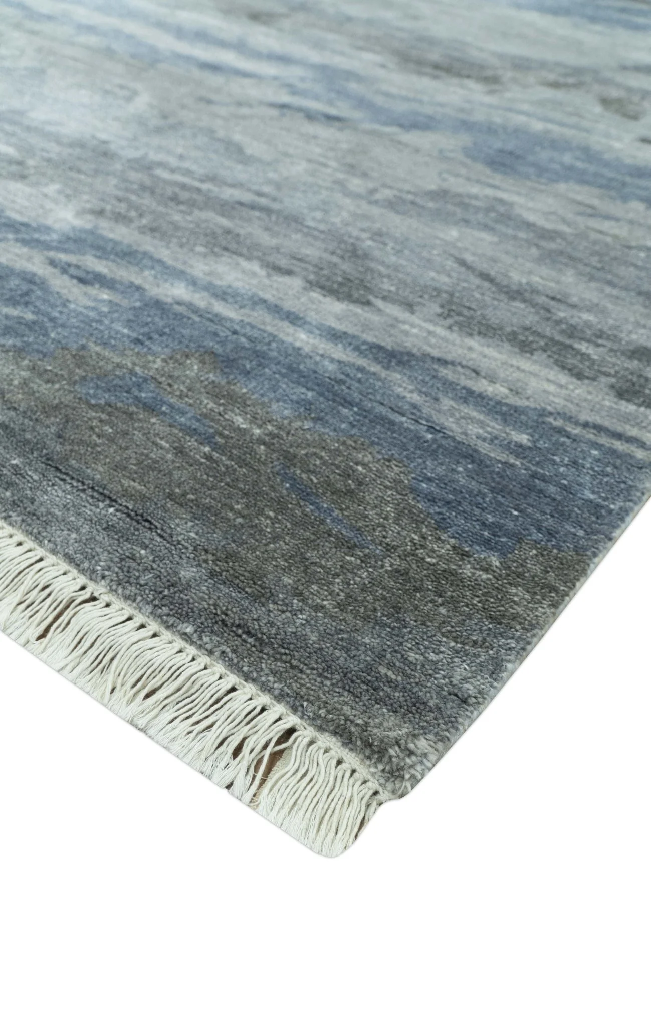 Modern Abstract Pattern Blue And Silver Hand Knotted 4x6 Bamboo Silk Area Rug - Image 3