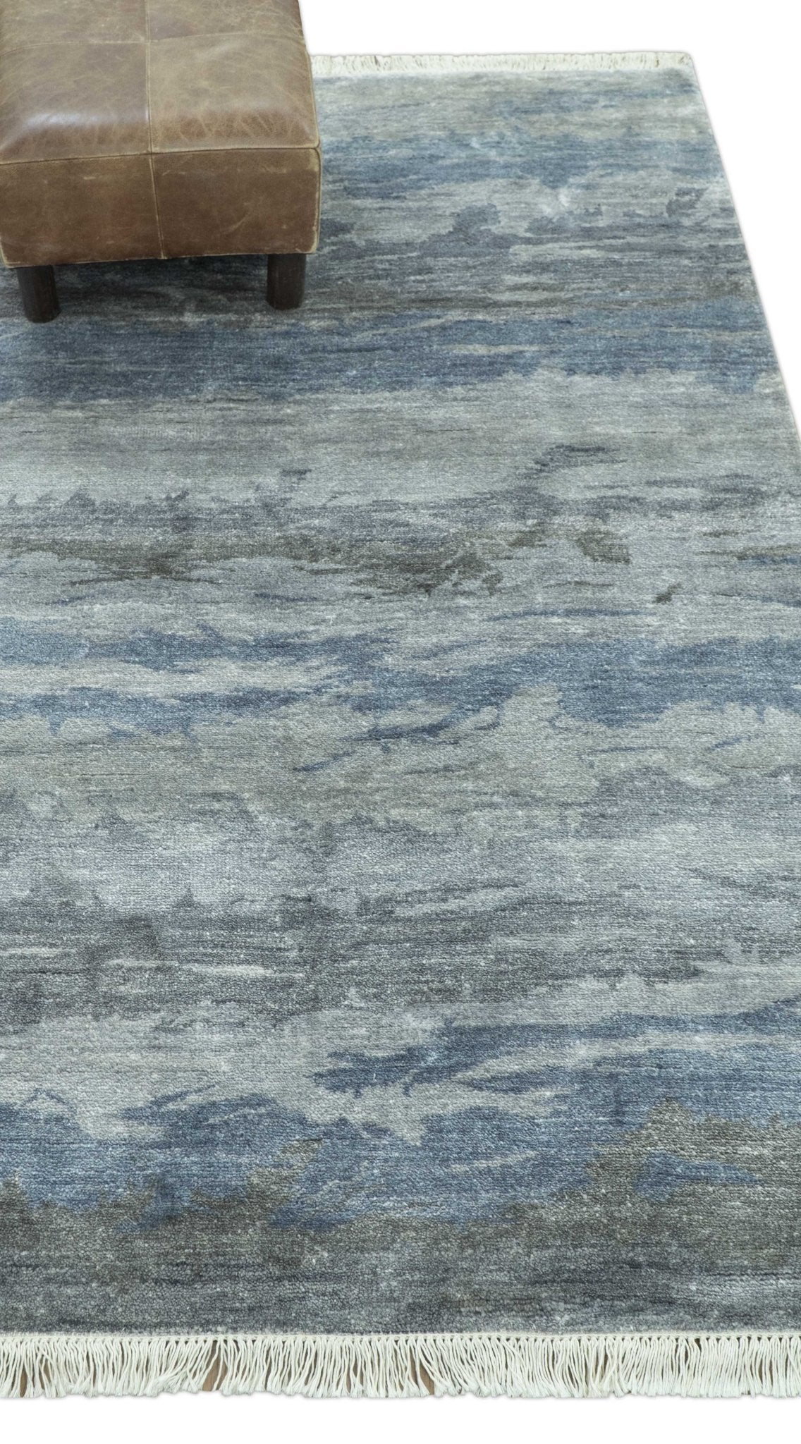 Modern Abstract Pattern Blue And Silver Hand Knotted 4x6 Bamboo Silk Area Rug - Image 9