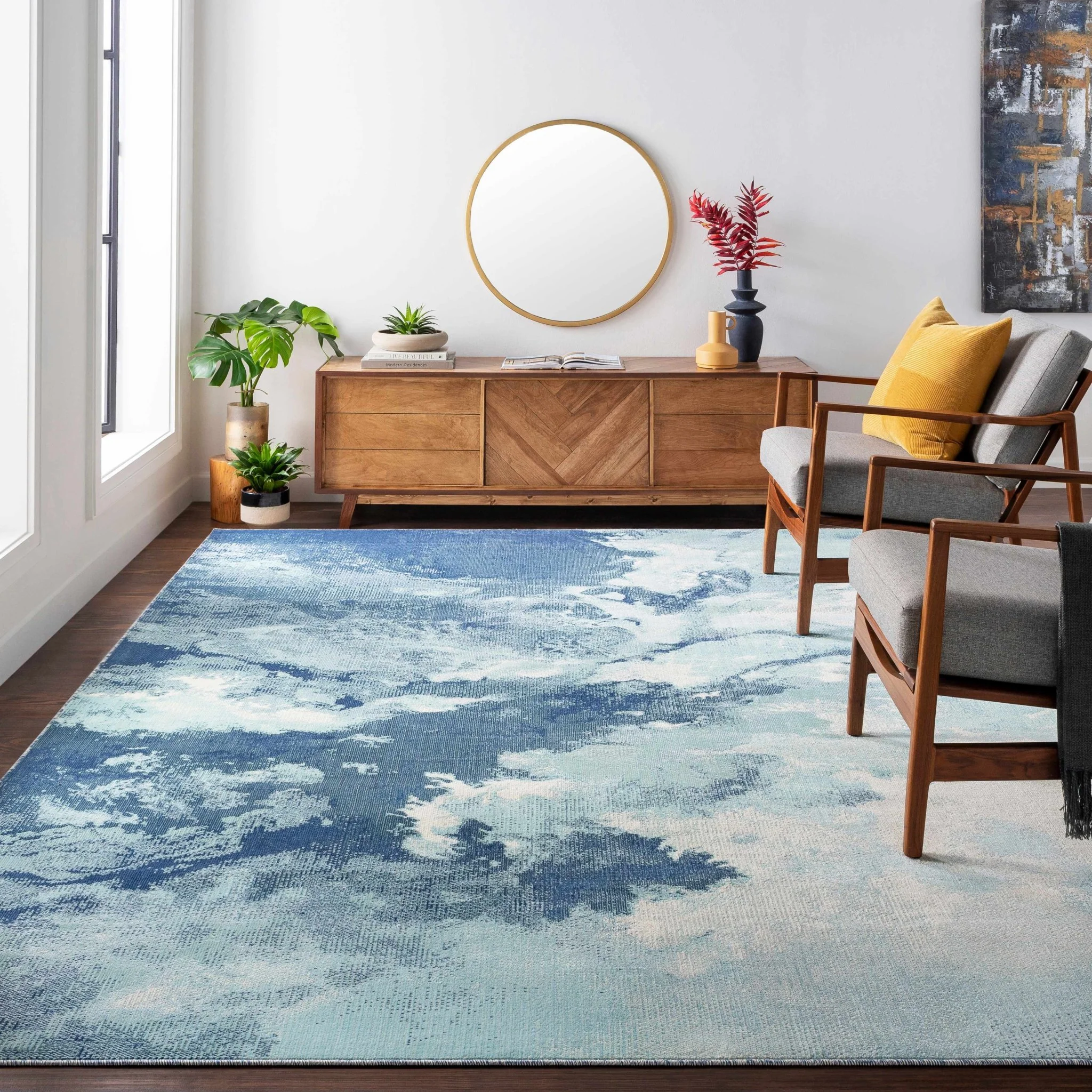 Modern Abstract Pattern Ivory And Blue Machine Woven Indoor/Outdoor Rug - Image 3