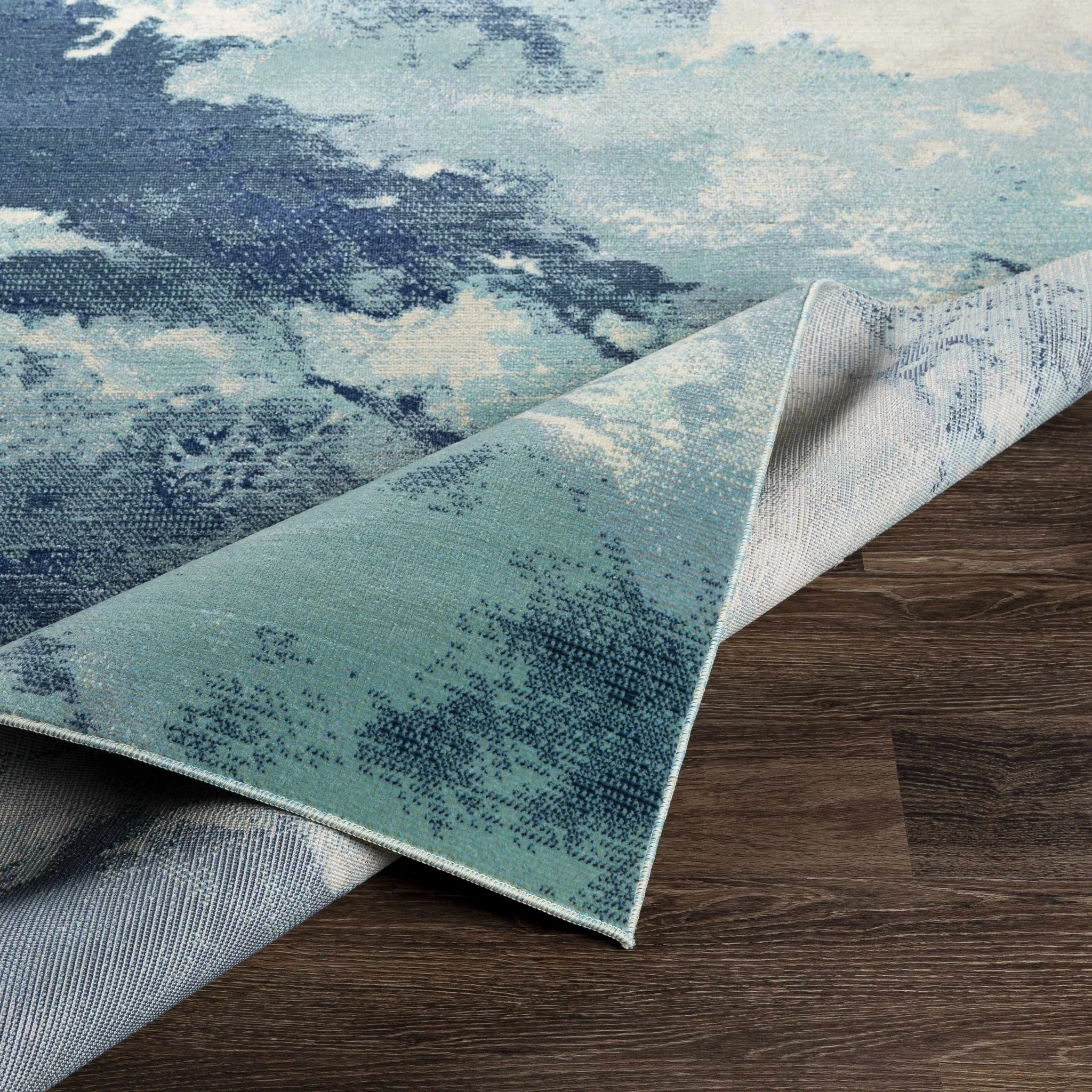 Modern Abstract Pattern Ivory And Blue Machine Woven Indoor/Outdoor Rug - Image 7