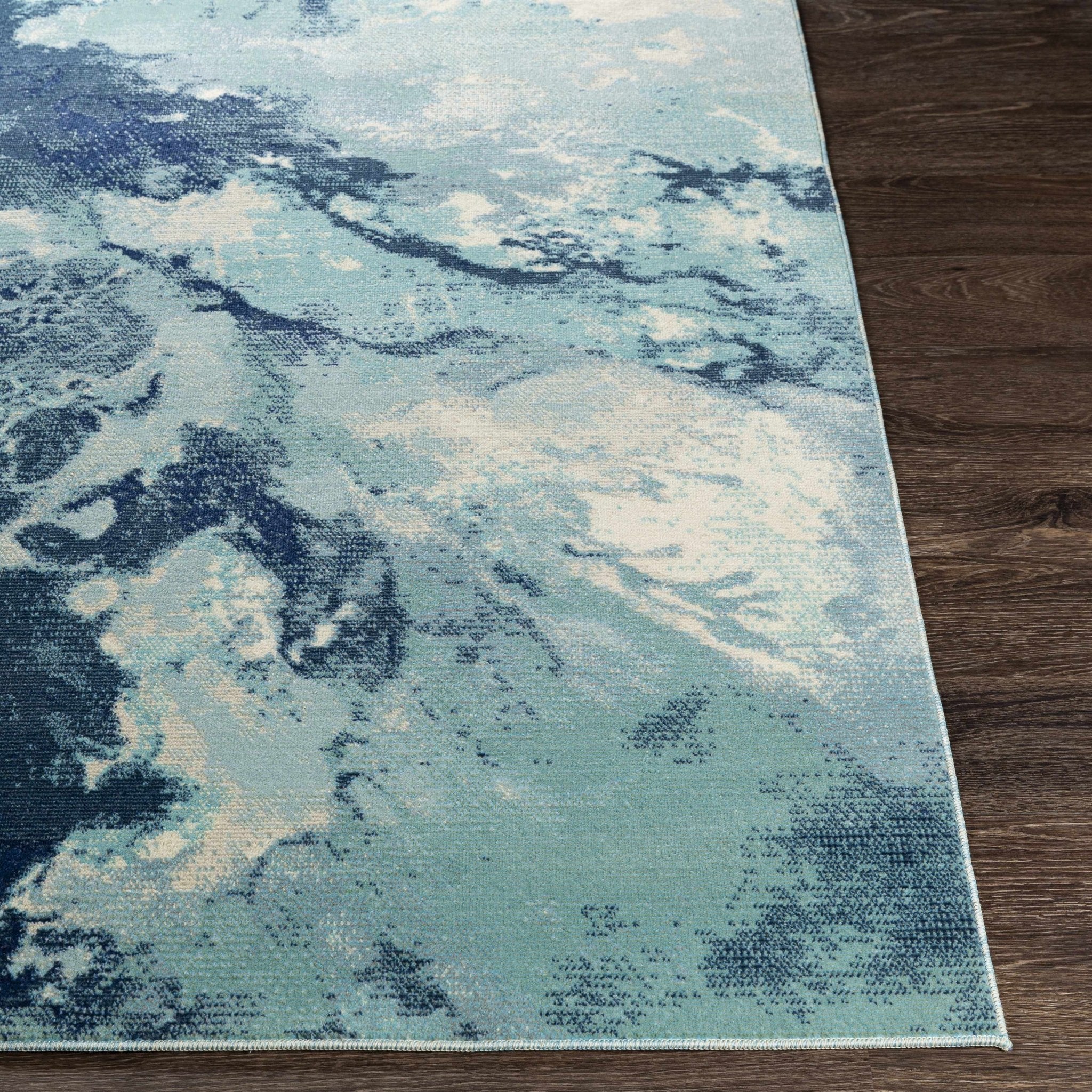 Modern Abstract Pattern Ivory And Blue Machine Woven Indoor/Outdoor Rug - Image 9