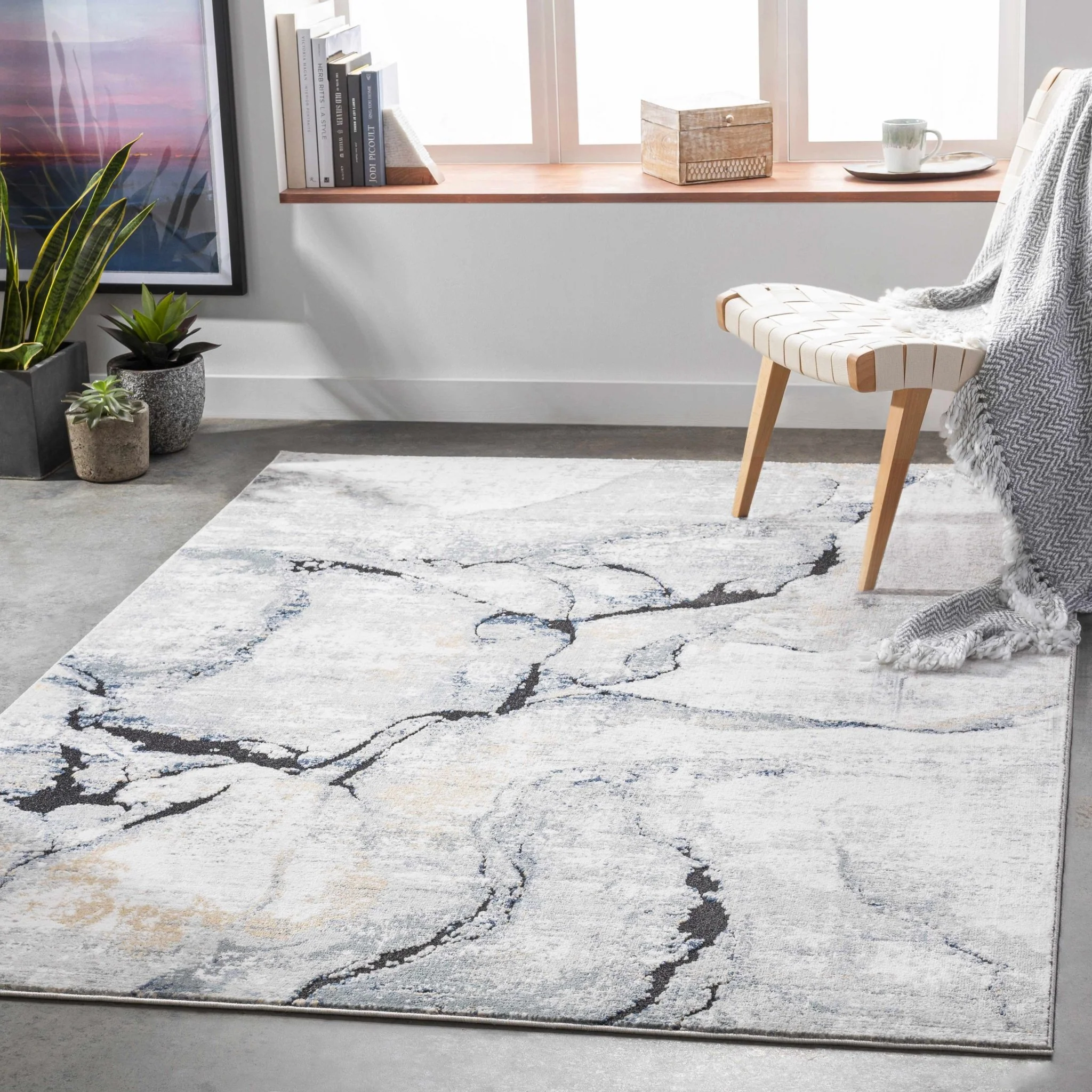Modern Contemporary Abstract Silver, Charcoal and Gray Marble Design Rug - Image 2