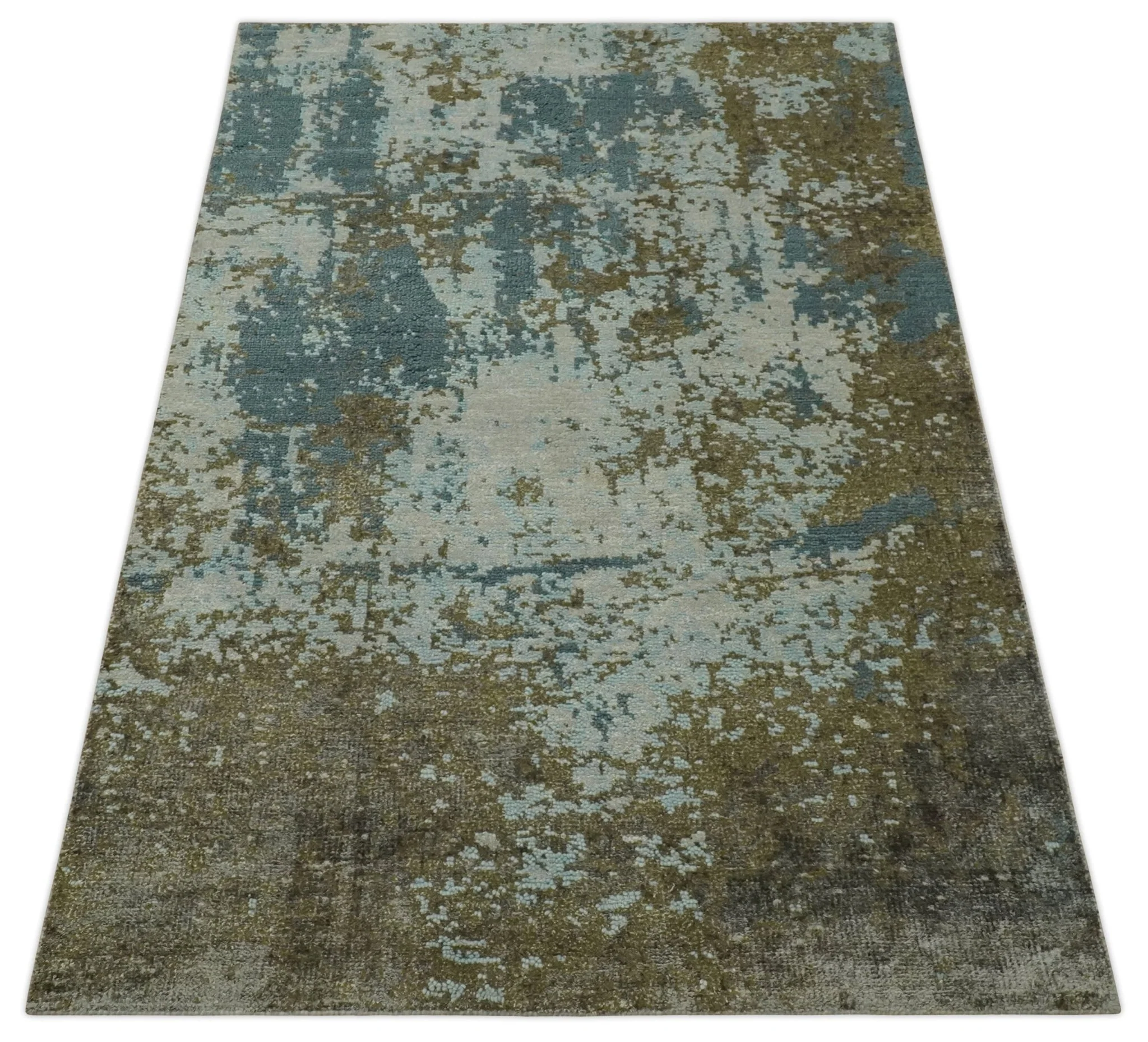 Modern Abstract Silver, Gray, Olive and Tan Hand Knotted 5x8 wool Area Rug - Image 10