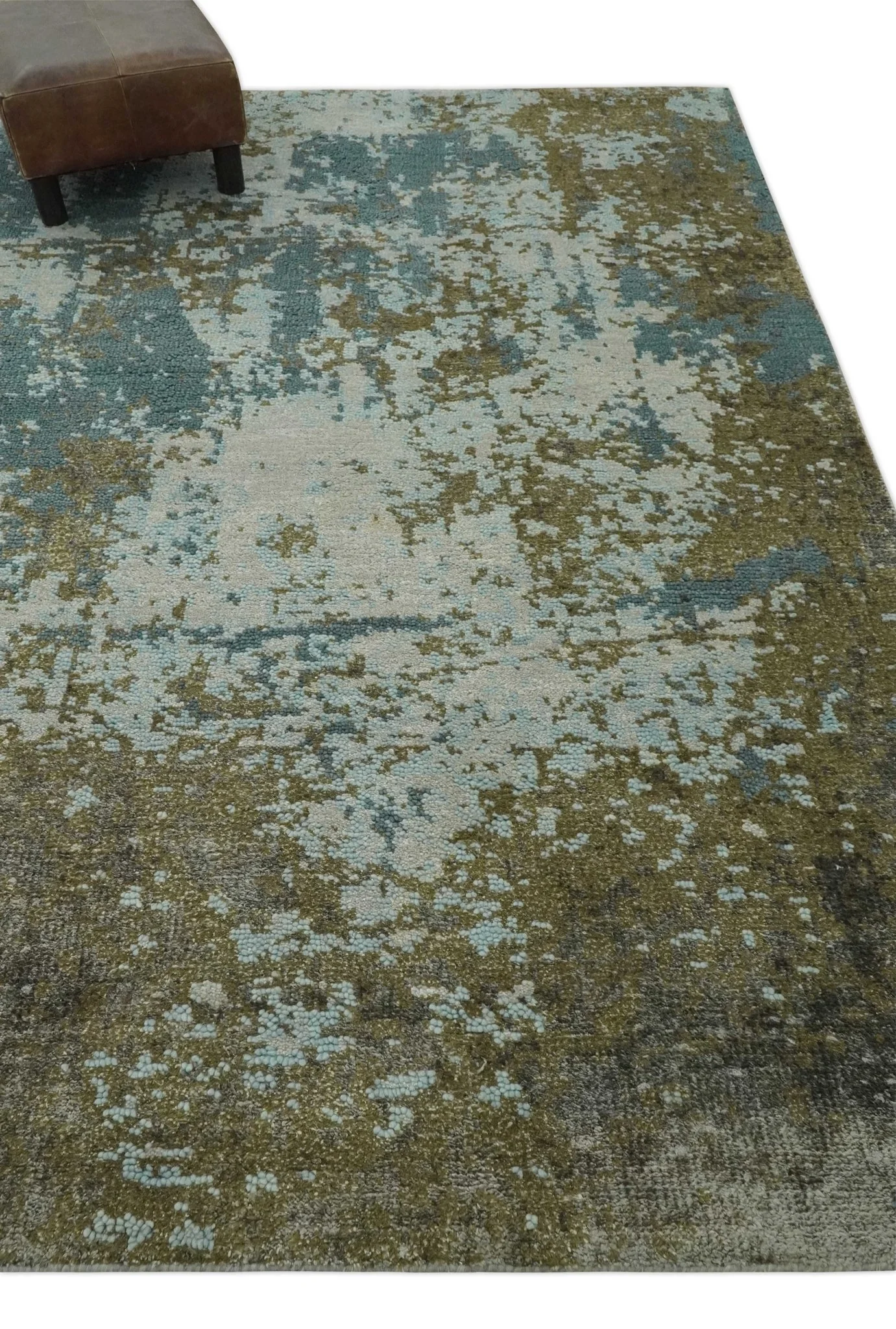 Modern Abstract Silver, Gray, Olive and Tan Hand Knotted 5x8 wool Area Rug - Image 3