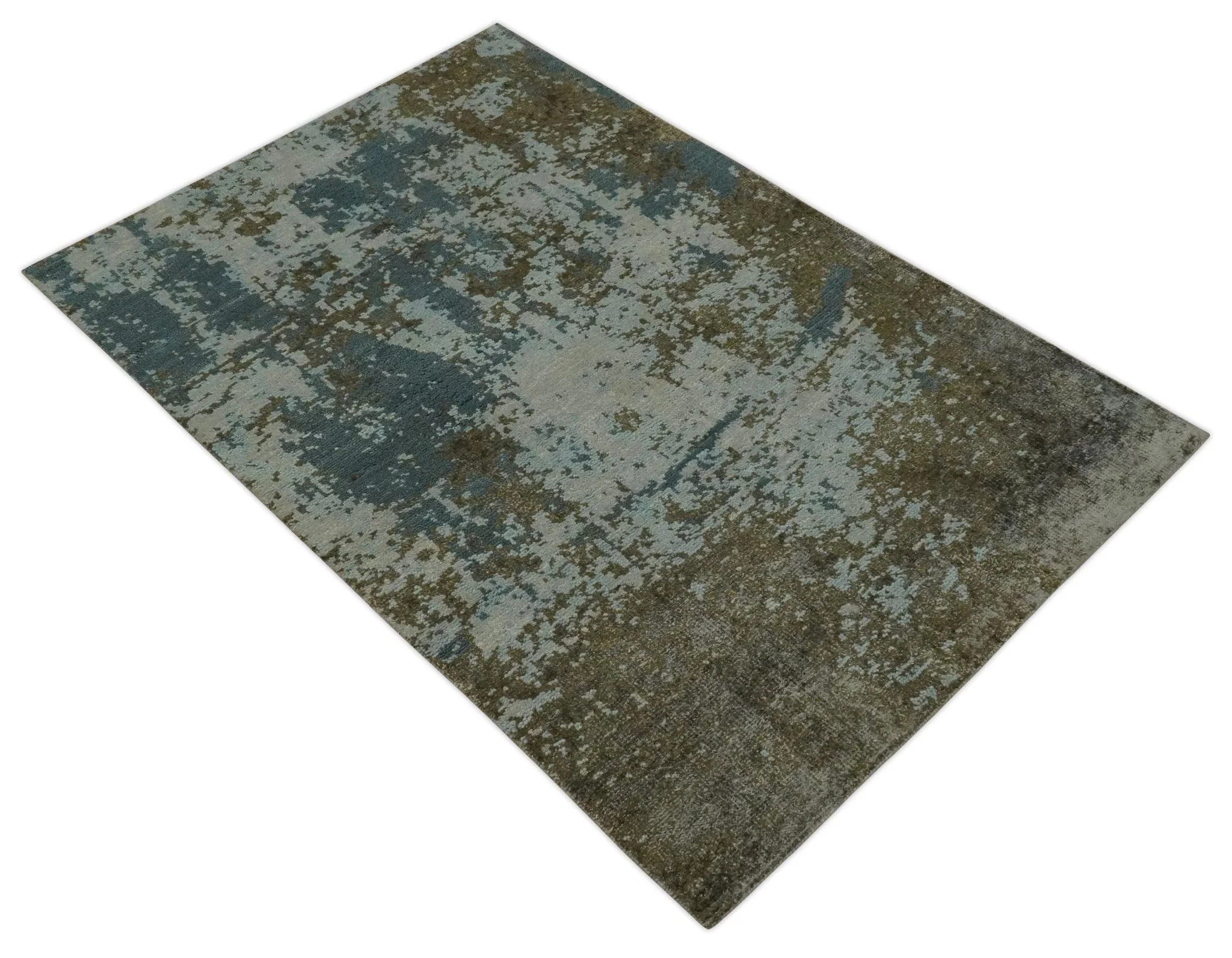 Modern Abstract Silver, Gray, Olive and Tan Hand Knotted 5x8 wool Area Rug - Image 9