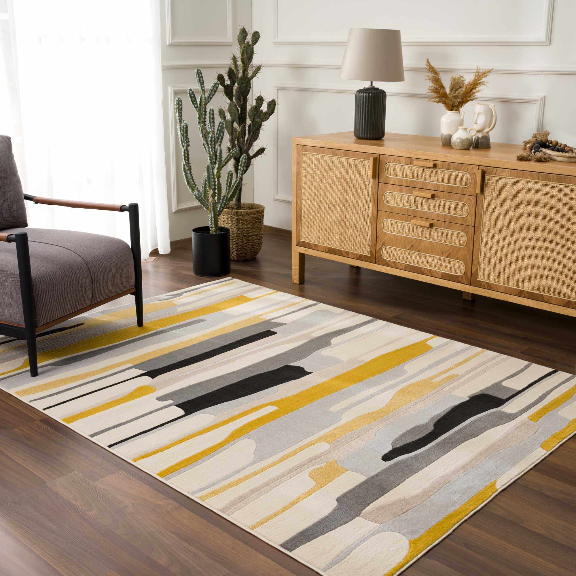 Modern Abstract Stripes Mustard, Black, Light Gray ,Taupe, Charcoal and Peach Area Rug - Image 13