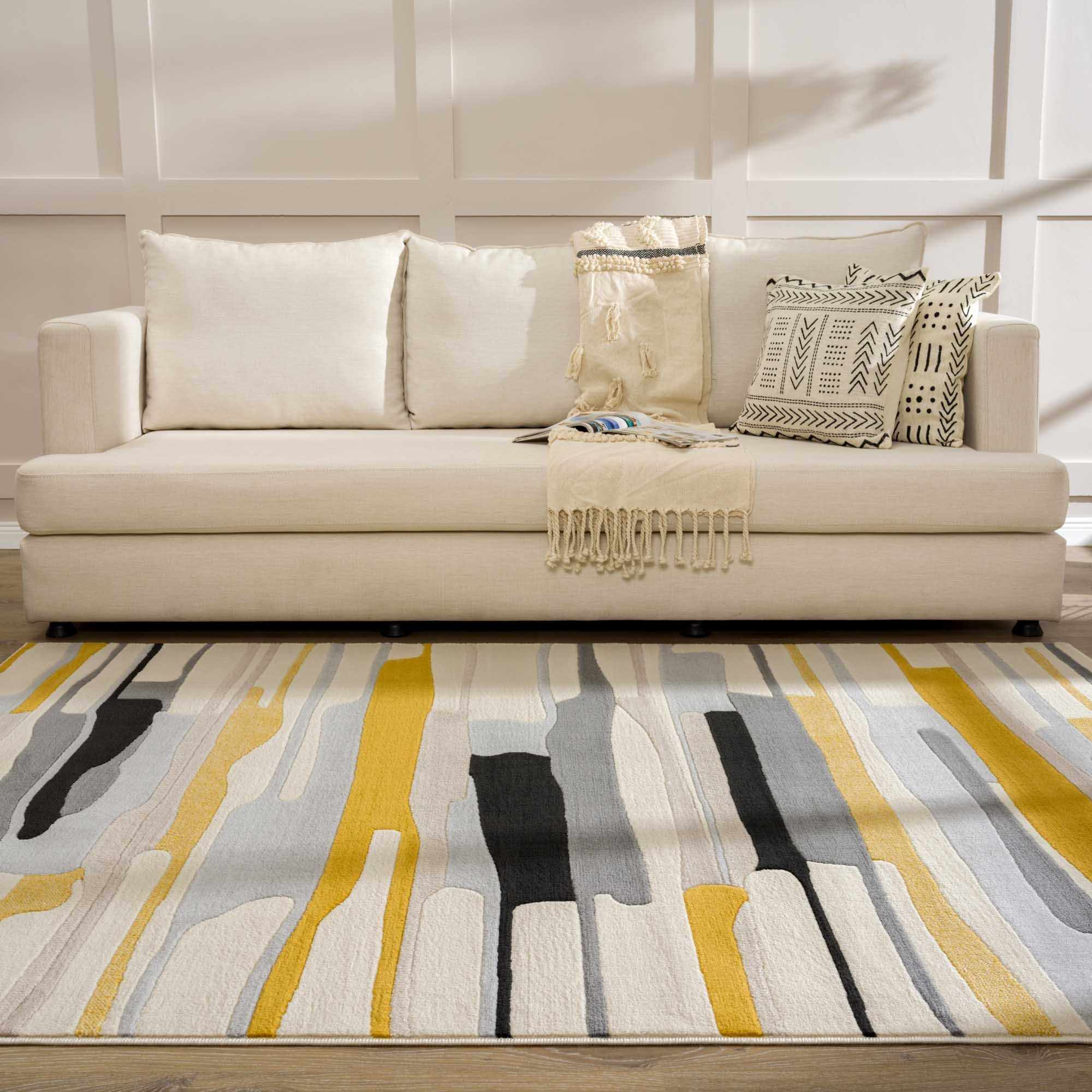 Modern Abstract Stripes Mustard, Black, Light Gray ,Taupe, Charcoal and Peach Area Rug - Image 14