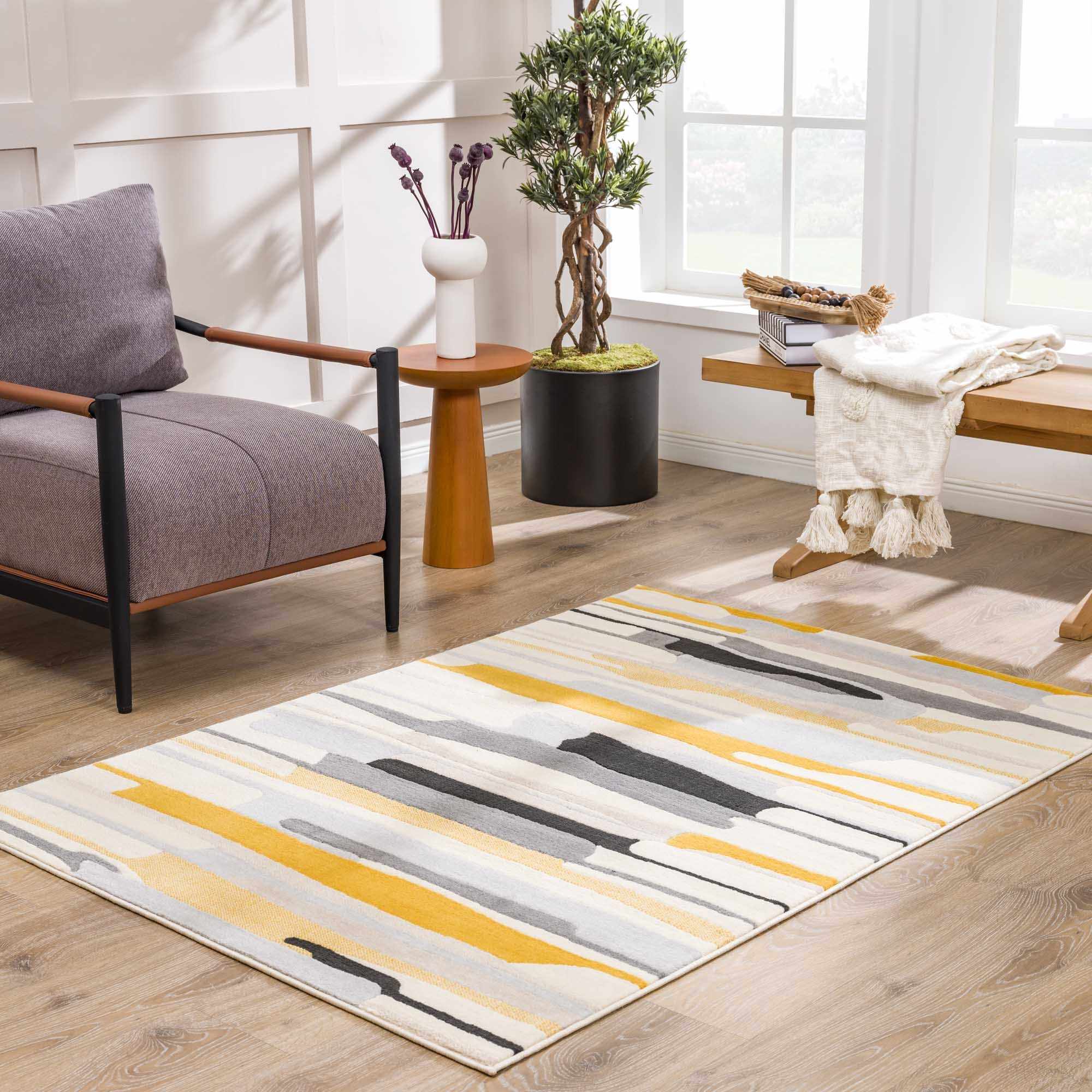Modern Abstract Stripes Mustard, Black, Light Gray ,Taupe, Charcoal and Peach Area Rug - Image 16