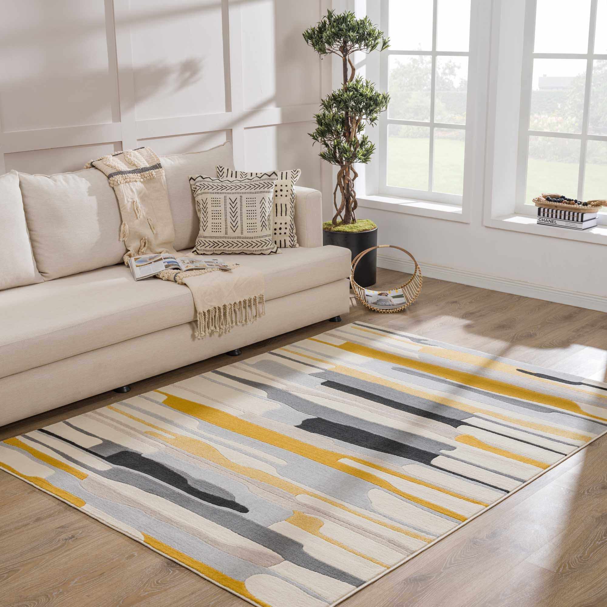Modern Abstract Stripes Mustard, Black, Light Gray ,Taupe, Charcoal and Peach Area Rug - Image 3