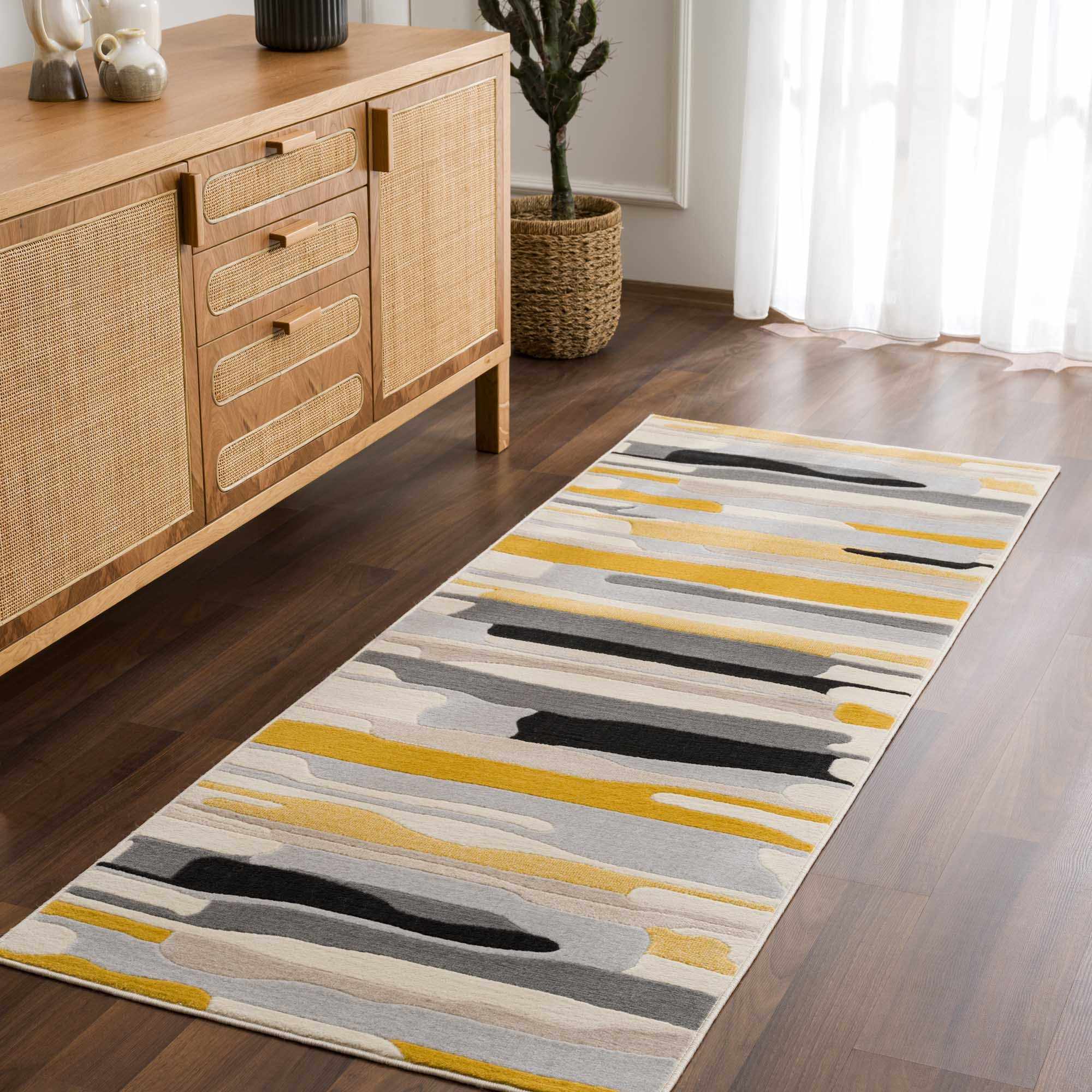Modern Abstract Stripes Mustard, Black, Light Gray ,Taupe, Charcoal and Peach Area Rug - Image 4