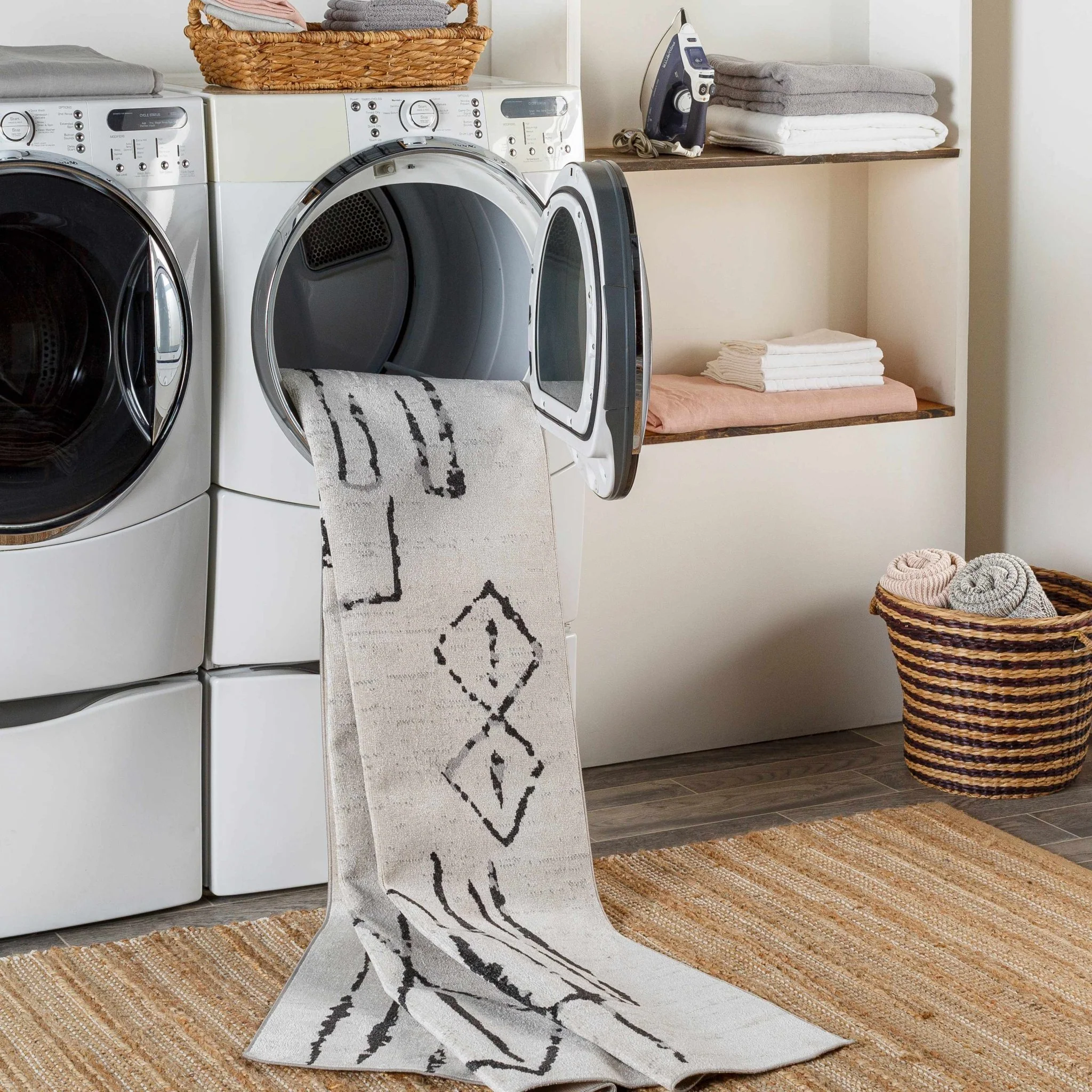 Modern Art Design Machine Woven Ivory and Black Machine Washable Rug - Image 14