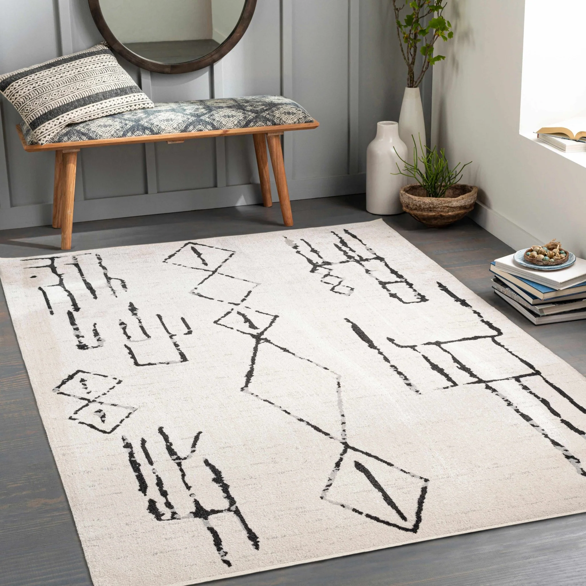 Modern Art Design Machine Woven Ivory and Black Machine Washable Rug - Image 8