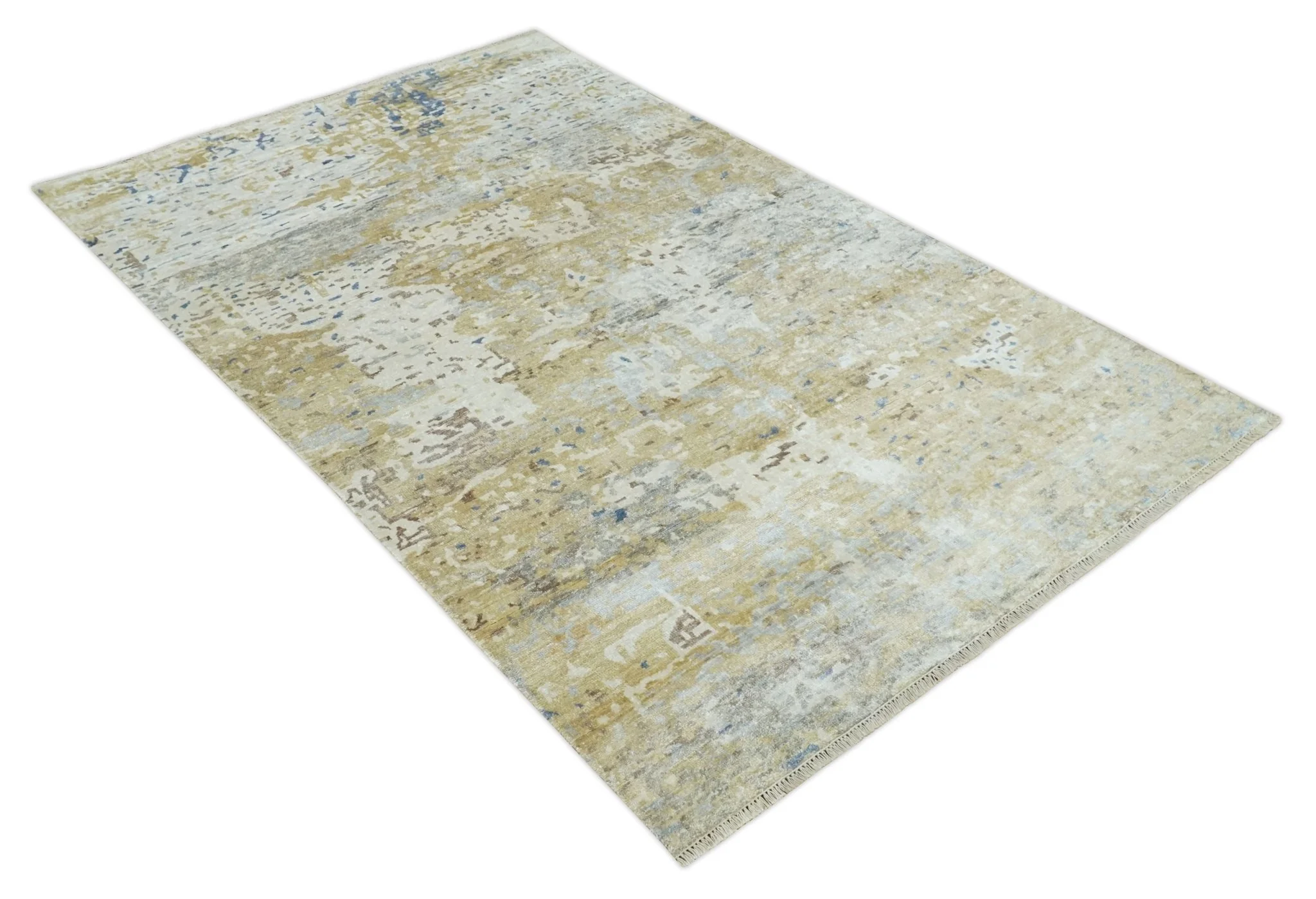 Modern 6x9 Beige, Ivory, Silver and Blue Abstract Hand Knotted Bamboo Silk Area Rug - Image 10