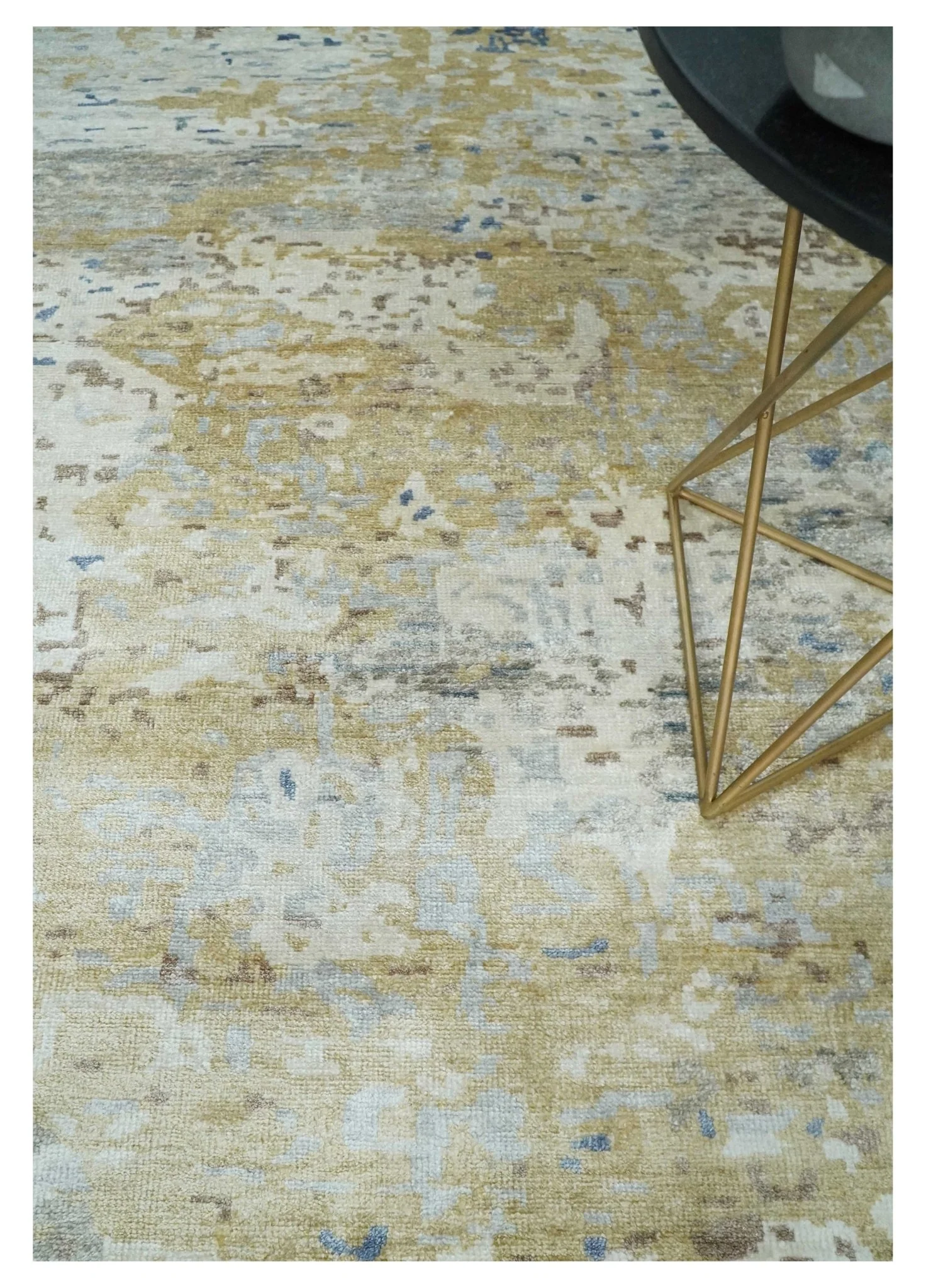 Modern 6x9 Beige, Ivory, Silver and Blue Abstract Hand Knotted Bamboo Silk Area Rug - Image 2