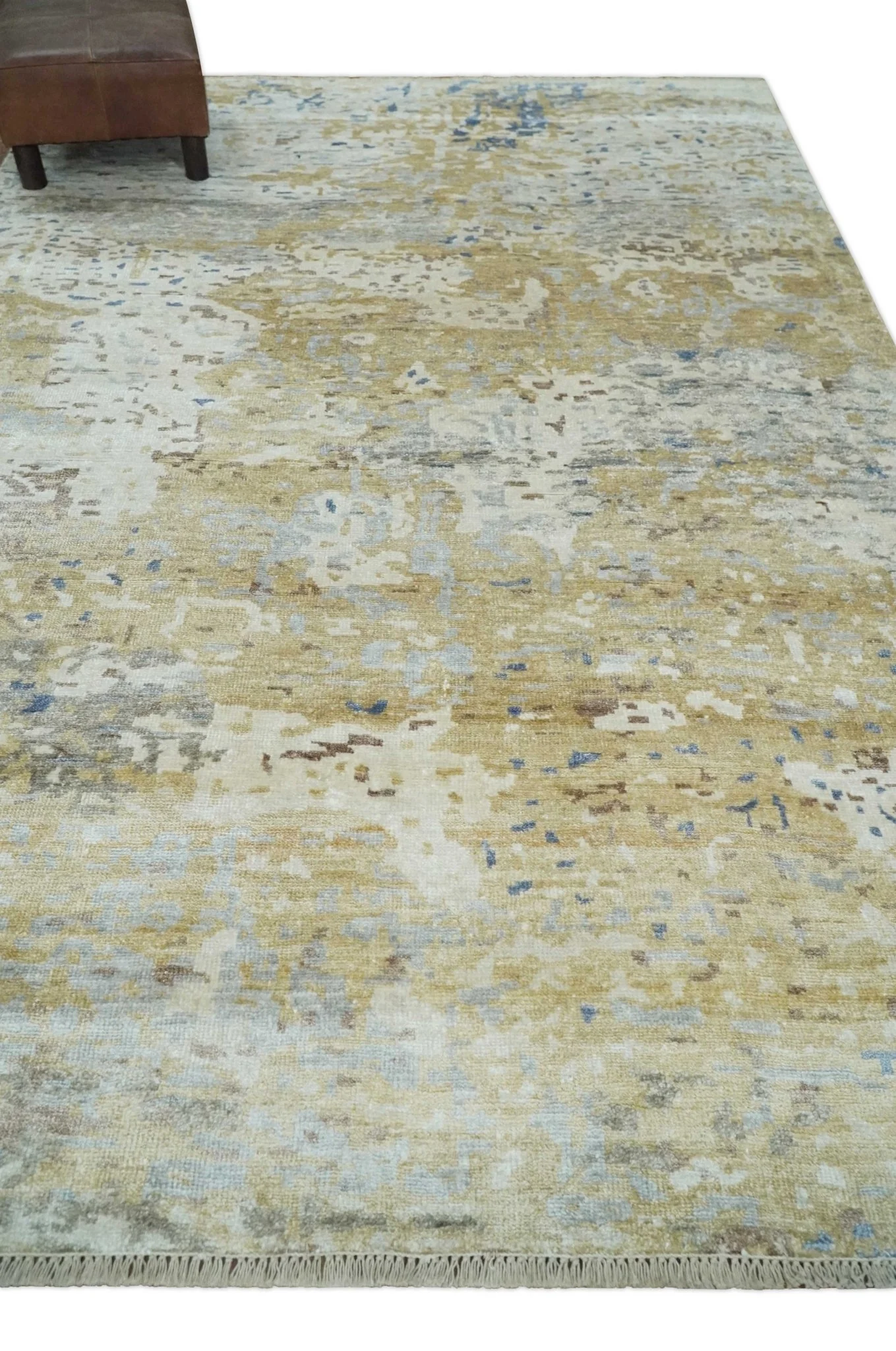 Modern 6x9 Beige, Ivory, Silver and Blue Abstract Hand Knotted Bamboo Silk Area Rug - Image 3