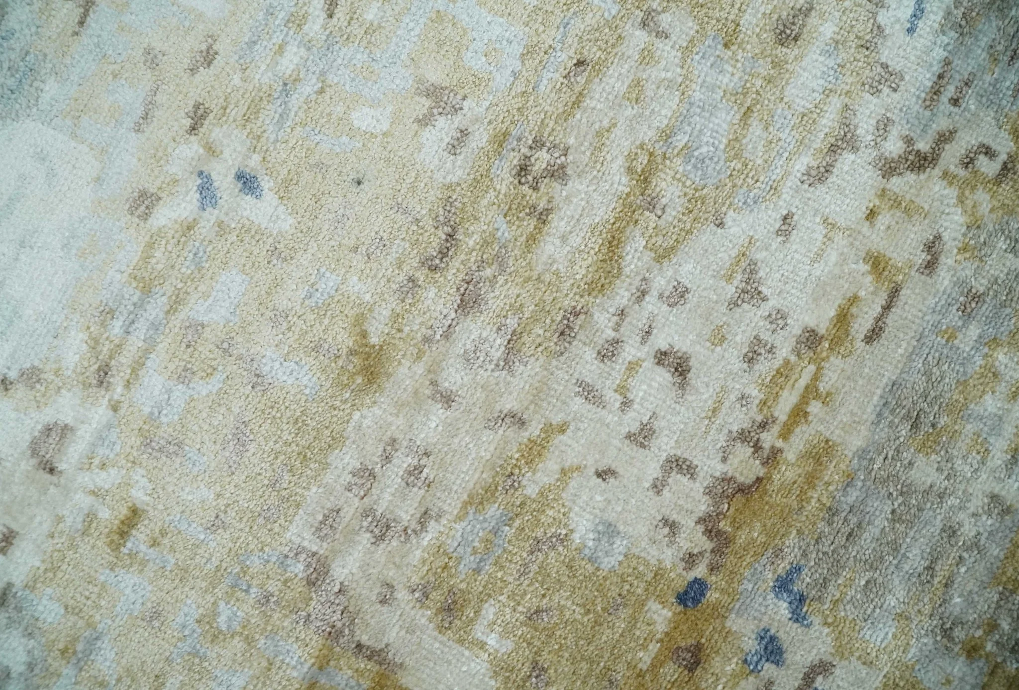 Modern 6x9 Beige, Ivory, Silver and Blue Abstract Hand Knotted Bamboo Silk Area Rug - Image 4
