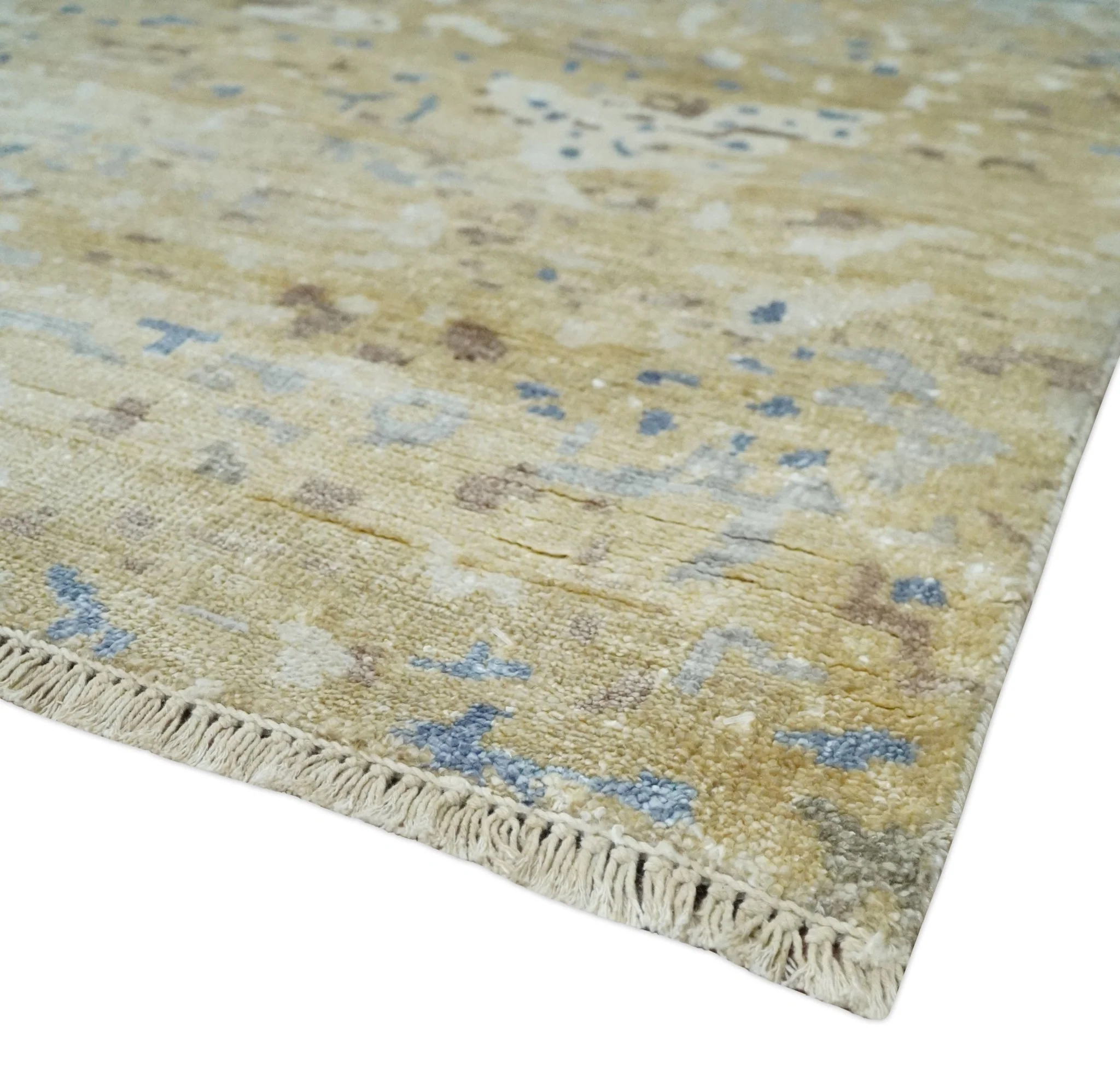 Modern 6x9 Beige, Ivory, Silver and Blue Abstract Hand Knotted Bamboo Silk Area Rug - Image 5