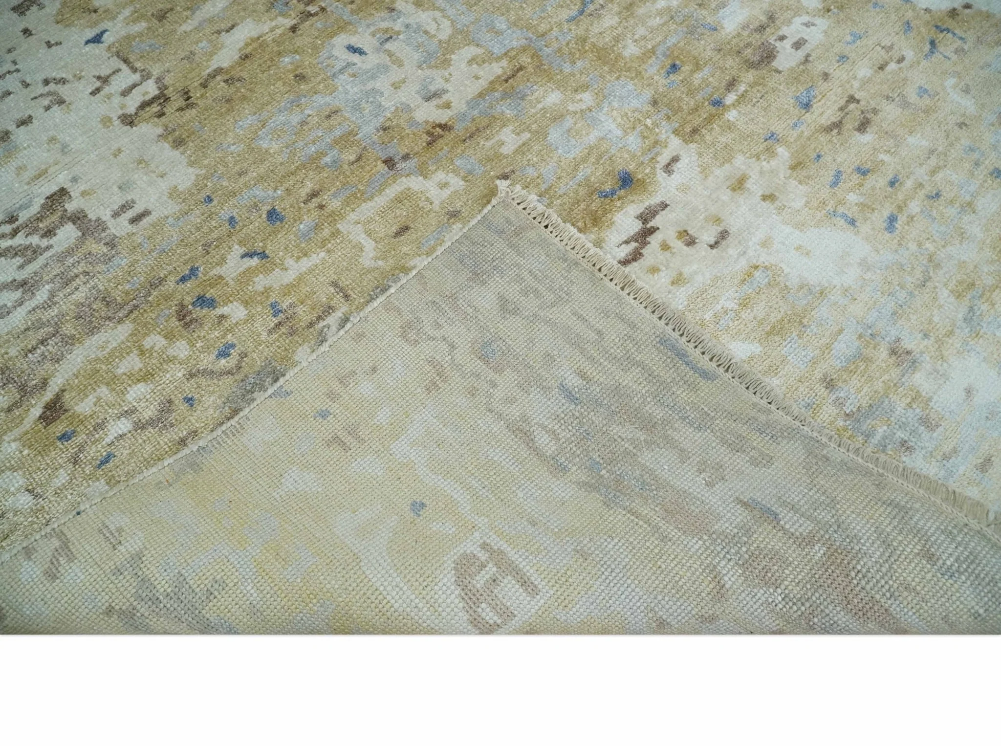 Modern 6x9 Beige, Ivory, Silver and Blue Abstract Hand Knotted Bamboo Silk Area Rug - Image 6