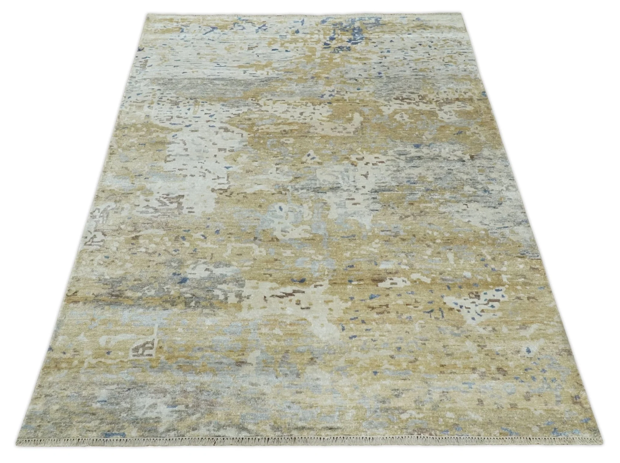 Modern 6x9 Beige, Ivory, Silver and Blue Abstract Hand Knotted Bamboo Silk Area Rug - Image 9