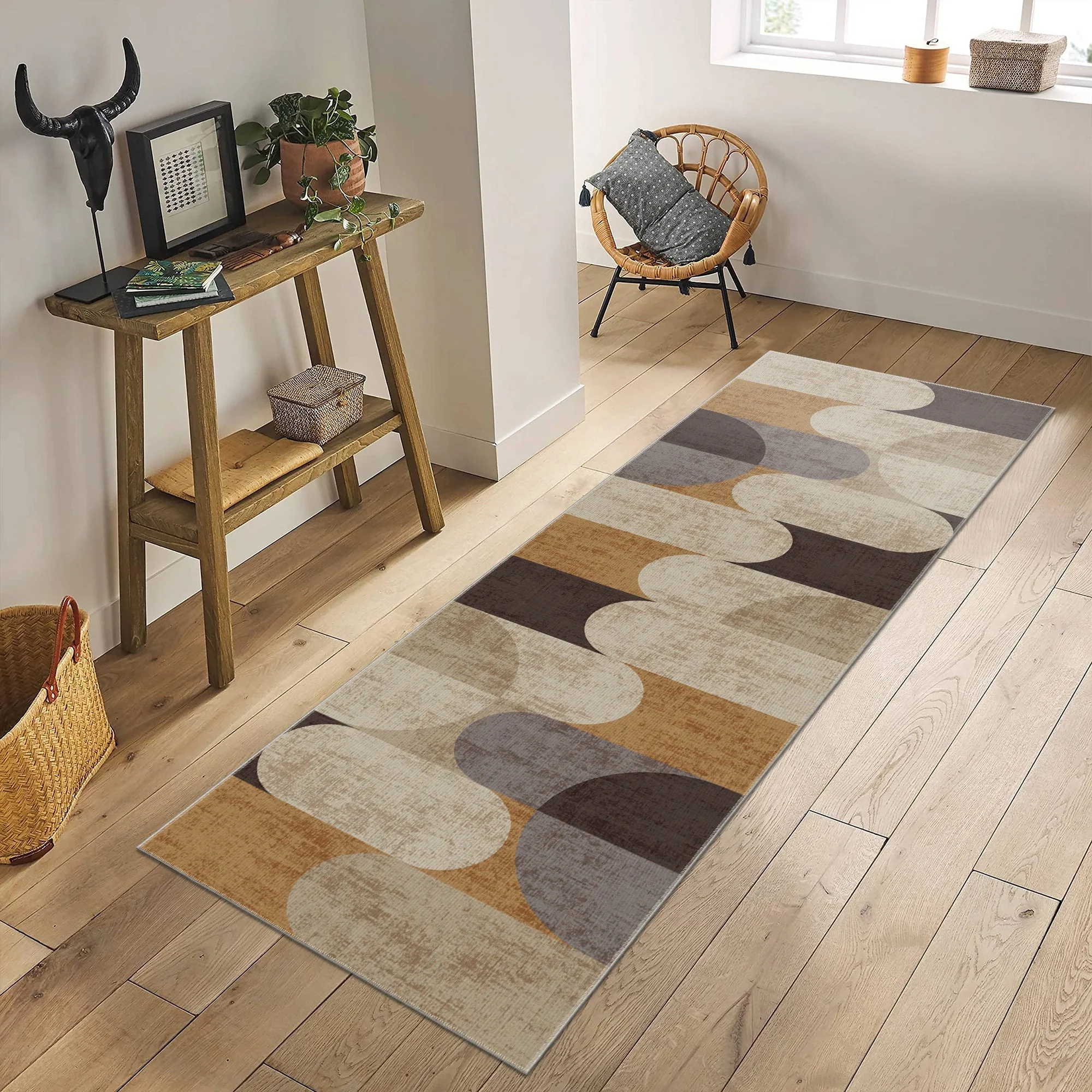 Modern Beige And Brown Machine Washable Cotton Rug - Image 4
