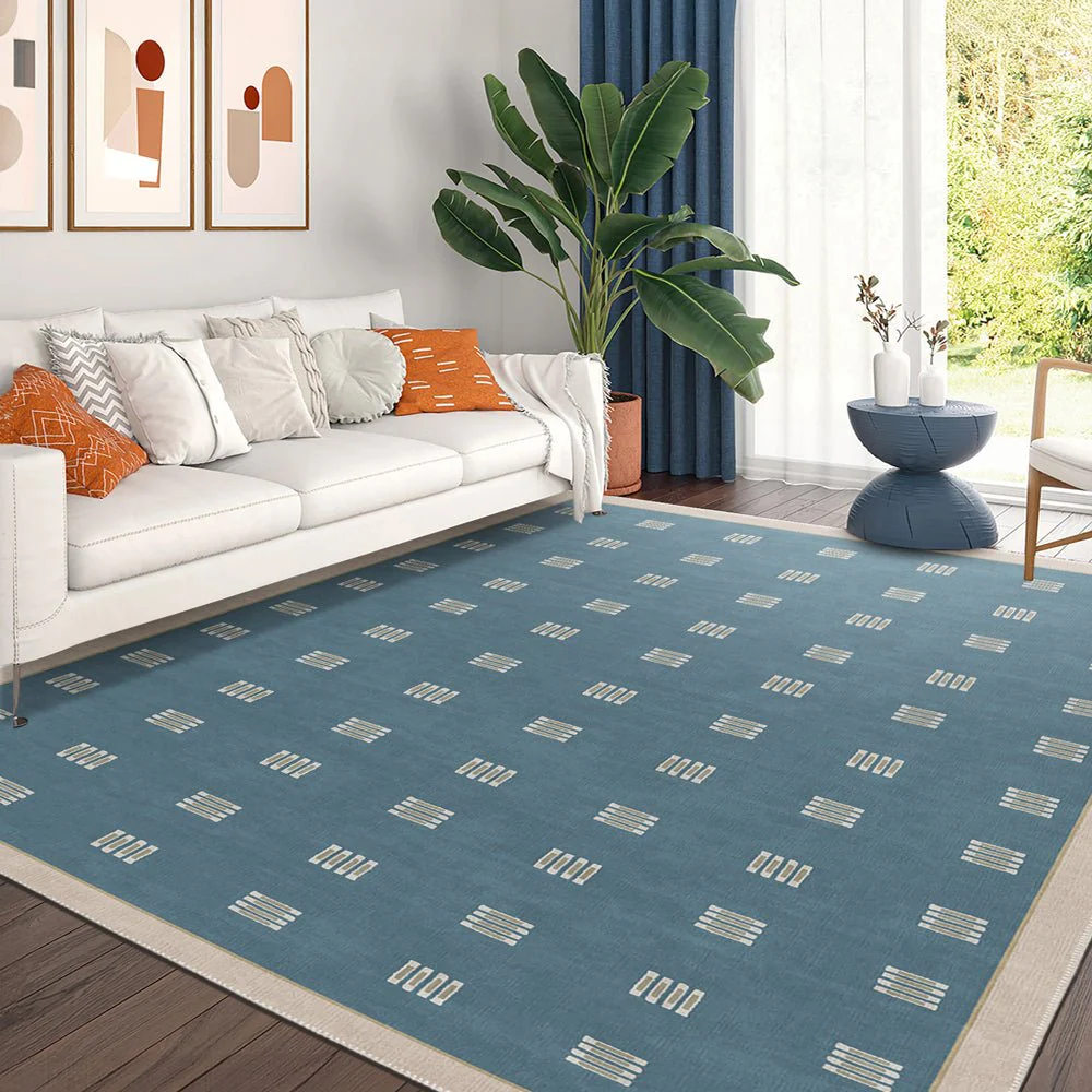 Modern Blue And Beige Machine Washable Cotton Area Rug - Image 3