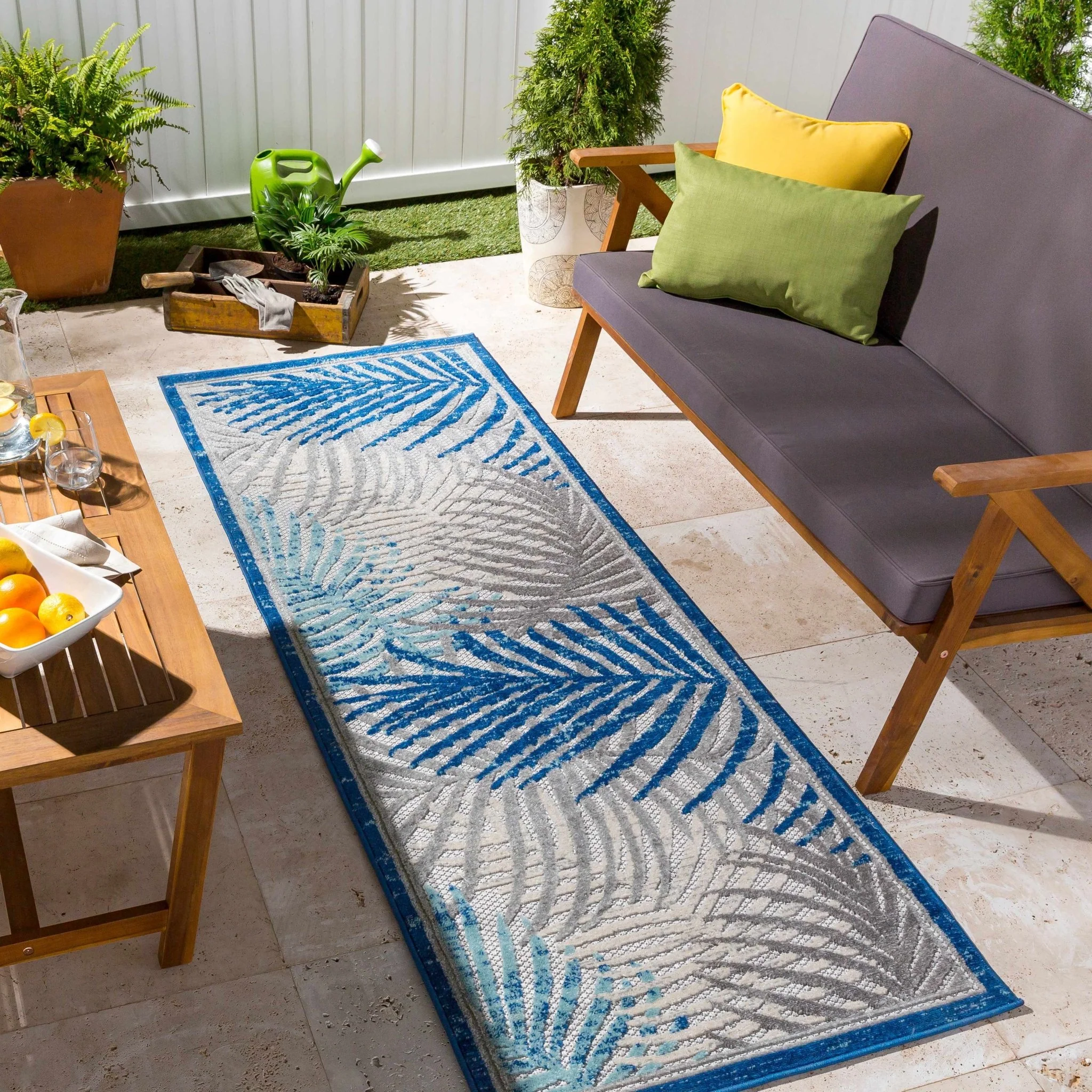 Modern Design Blue, Ivory and Gray Leaf Pattern Low Pile Outdoor Area Rug - Image 10