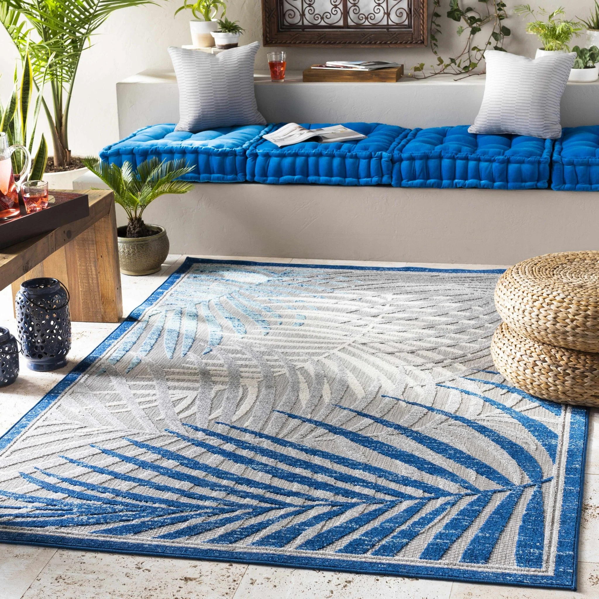 Modern Design Blue, Ivory and Gray Leaf Pattern Low Pile Outdoor Area Rug - Image 2