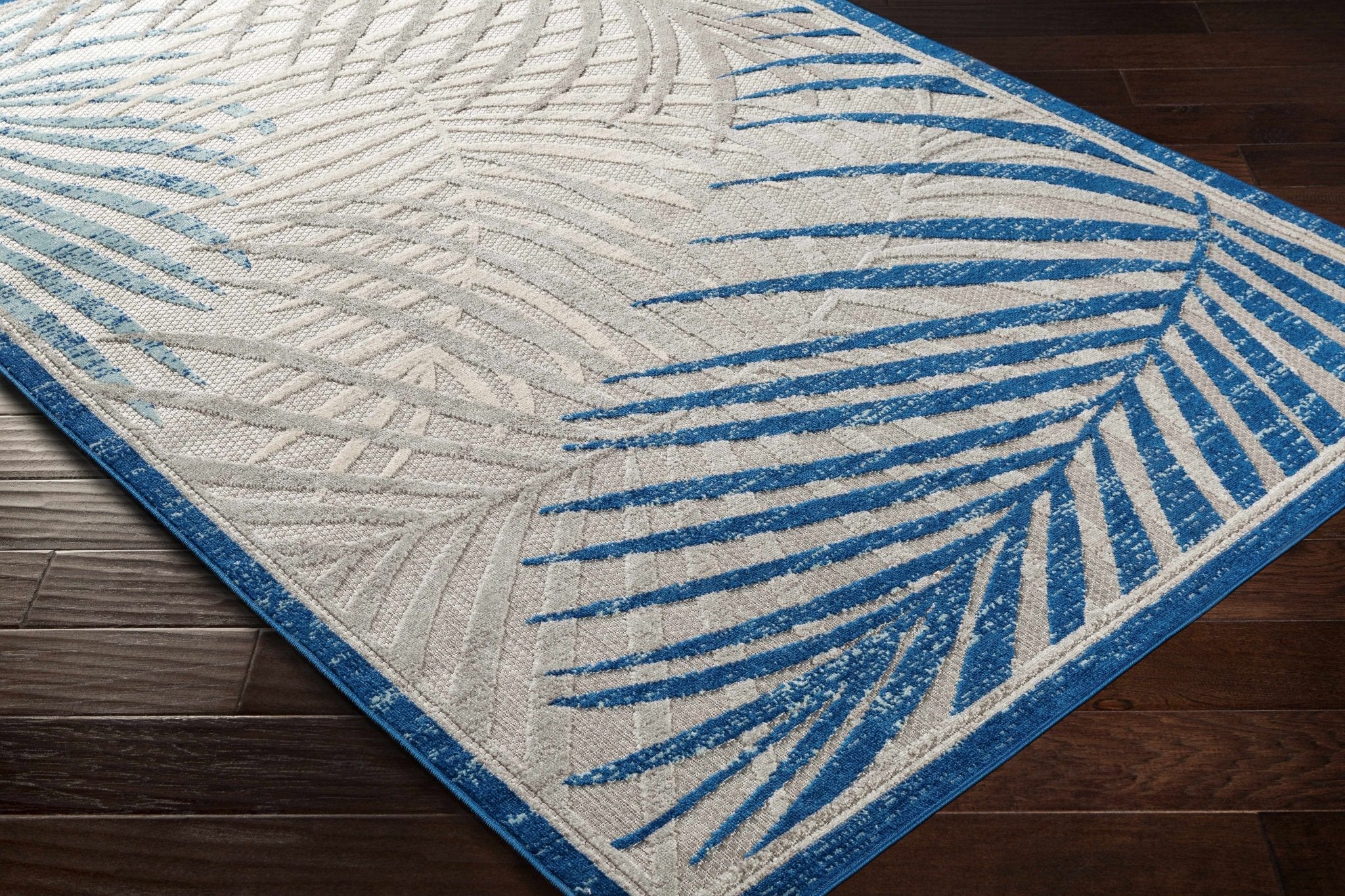 Modern Design Blue, Ivory and Gray Leaf Pattern Low Pile Outdoor Area Rug - Image 3