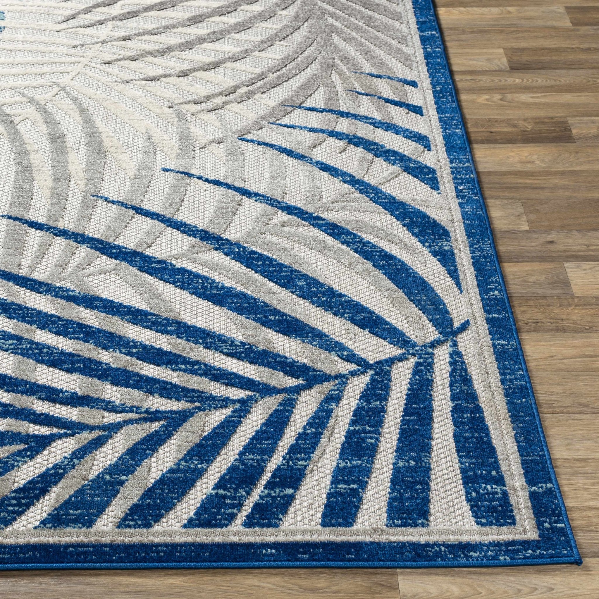 Modern Design Blue, Ivory and Gray Leaf Pattern Low Pile Outdoor Area Rug - Image 4