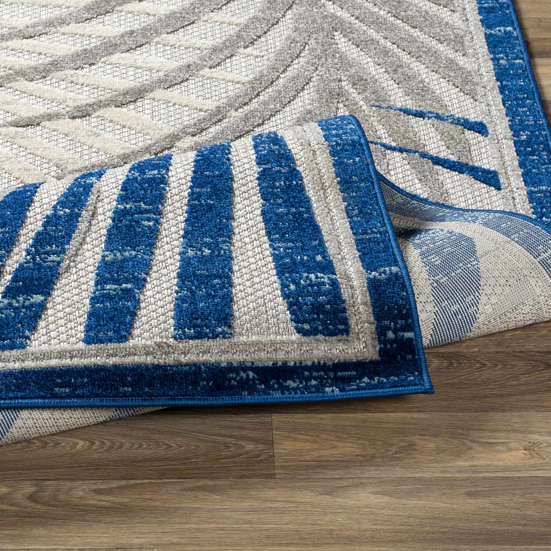 Modern Design Blue, Ivory and Gray Leaf Pattern Low Pile Outdoor Area Rug - Image 5