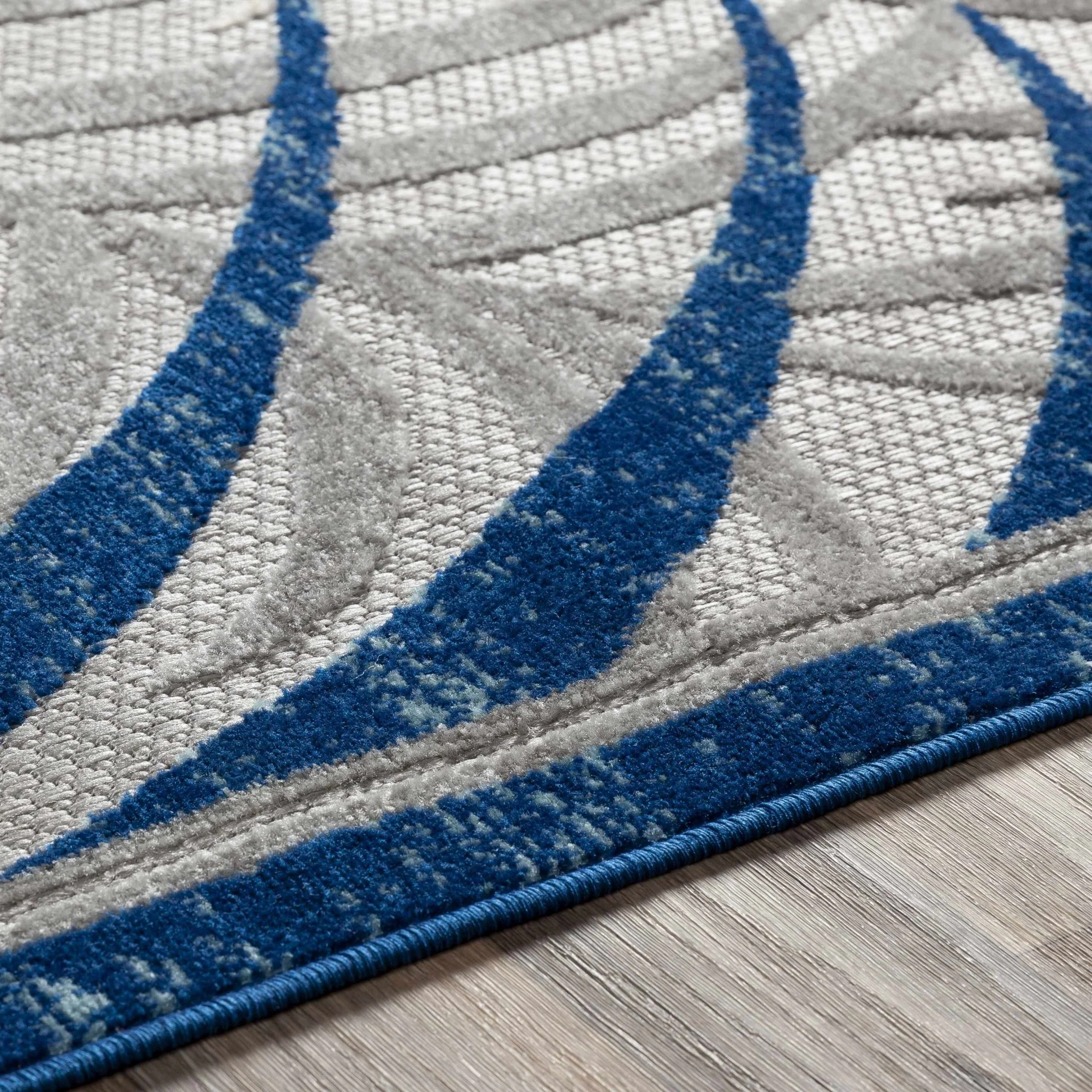 Modern Design Blue, Ivory and Gray Leaf Pattern Low Pile Outdoor Area Rug - Image 6
