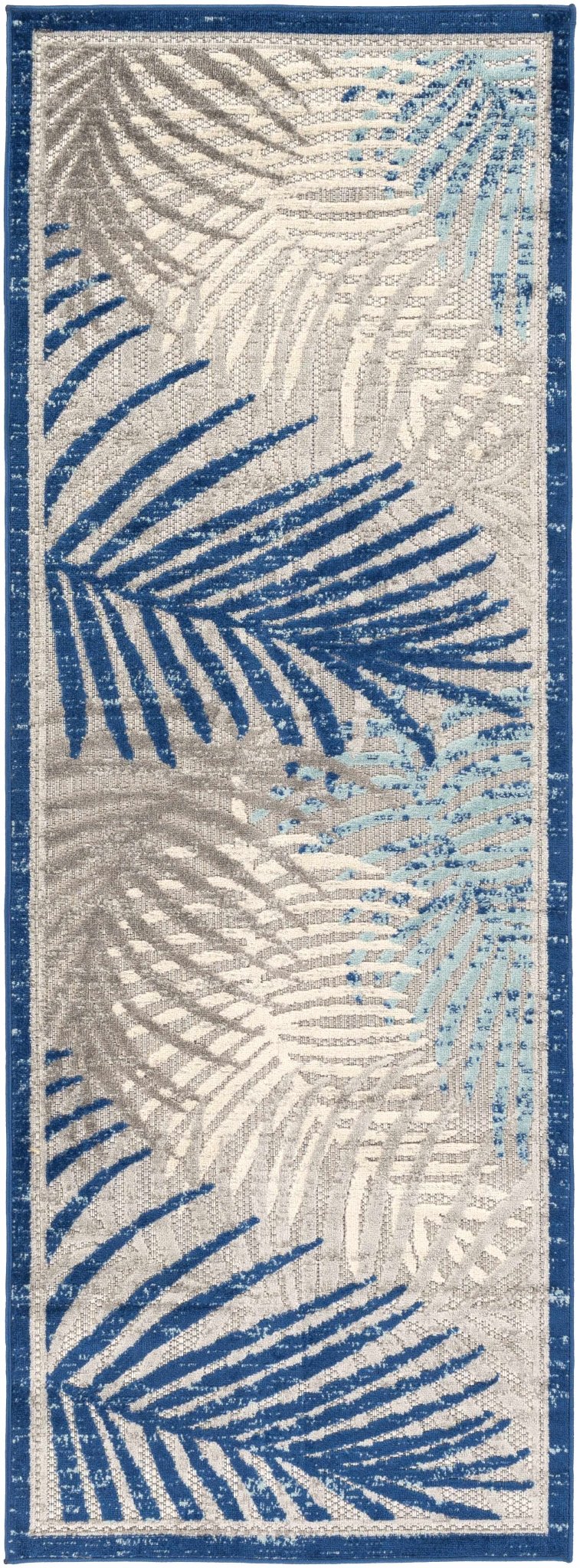 Modern Design Blue, Ivory and Gray Leaf Pattern Low Pile Outdoor Area Rug - Image 8