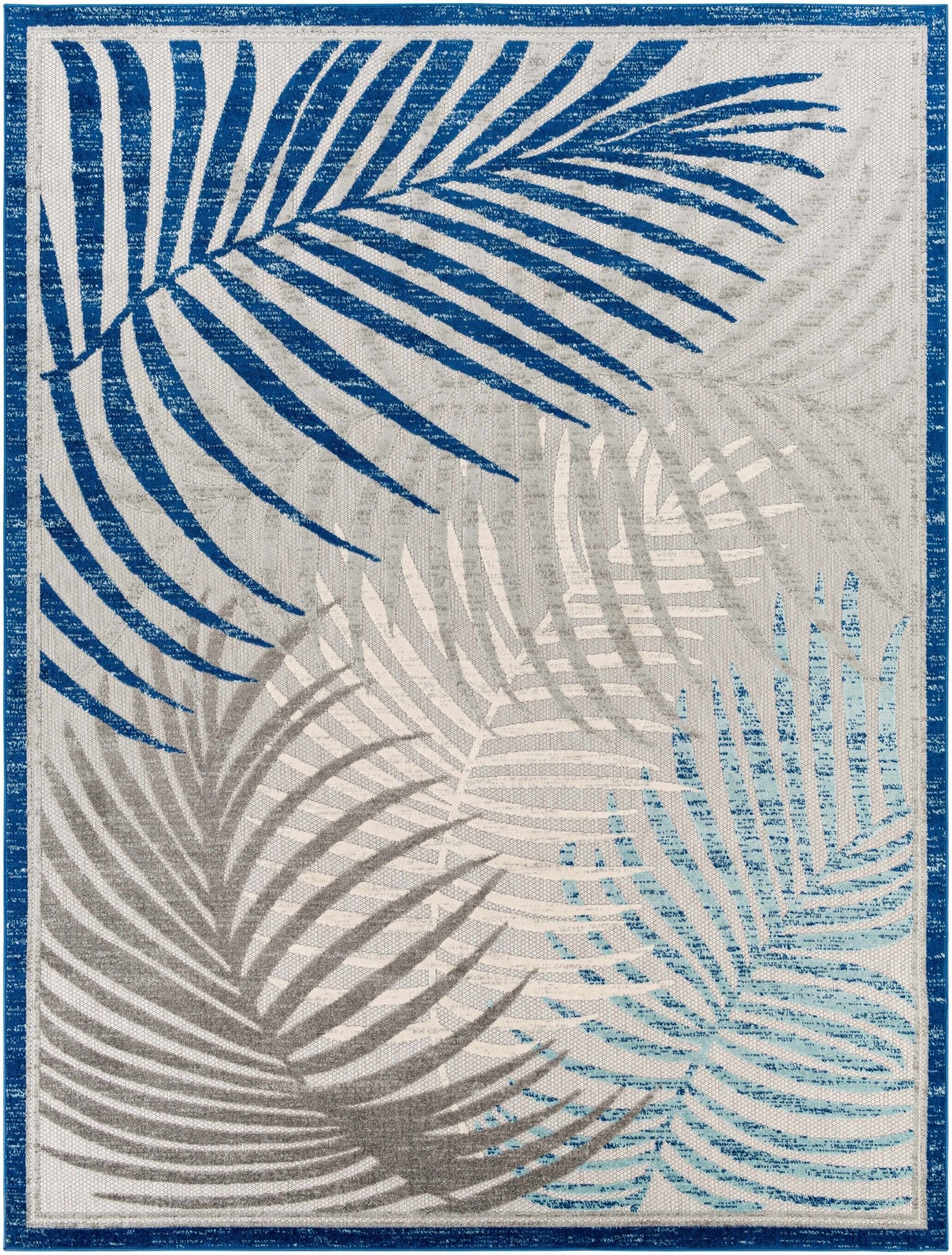 Modern Design Blue, Ivory and Gray Leaf Pattern Low Pile Outdoor Area Rug - Image 9